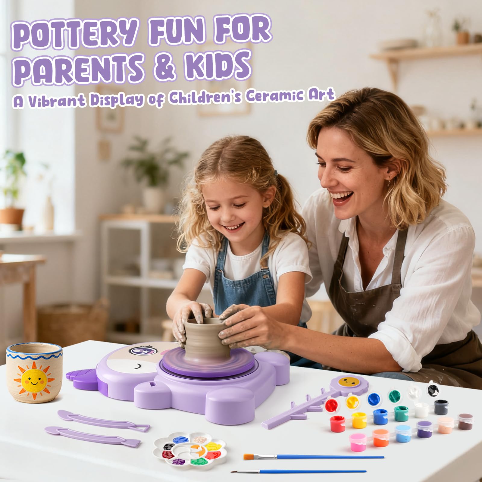 Torno de Alfarería para Niños-Kit Completo de Pintura y Manualidades con 2 Paquetes de Arcilla Autofraguante-Juguete Educativo de Arte para Niñas y Niños de 6 a 14 Años-Regalo Cumpleaños y Navidad
