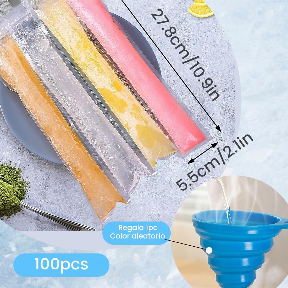 Paquete de 100 bolsas para moldes de helado, con embudo,Moldes para Helados, sin BPA,Molde para bolsas de popsicle,para Yogur,Helado,Jugo(5.5 x 28 cm)