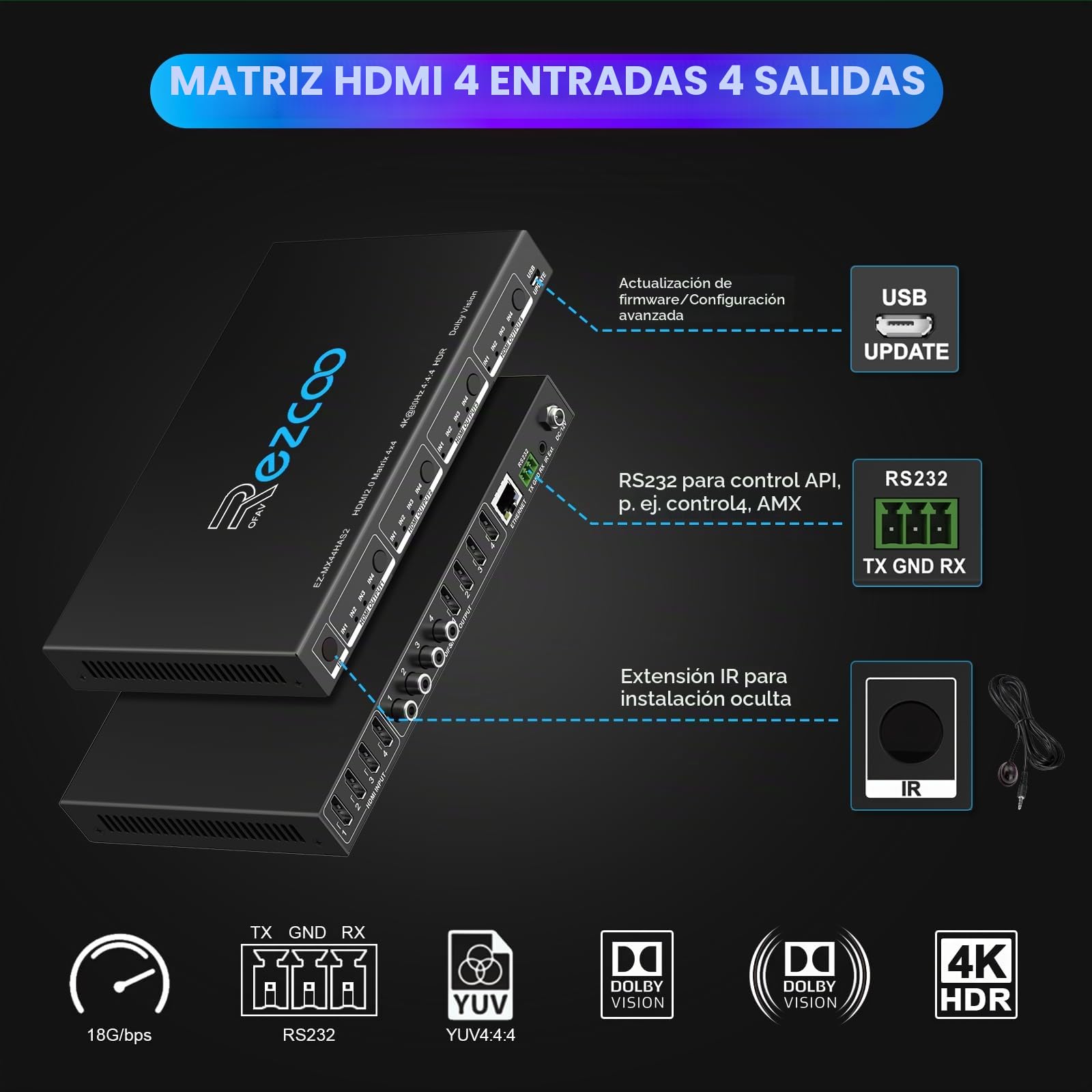 Matriz HDMI 4K a 60Hz 4X4 HDR Coaxial Audio Breakout - HDCP 2.2 HDMI 2.0 Matrix 4x4 18Gbps con receptor IR remoto, control IP, RS232, escalador 4K a 1080P EDID Manage MX44-HAS2