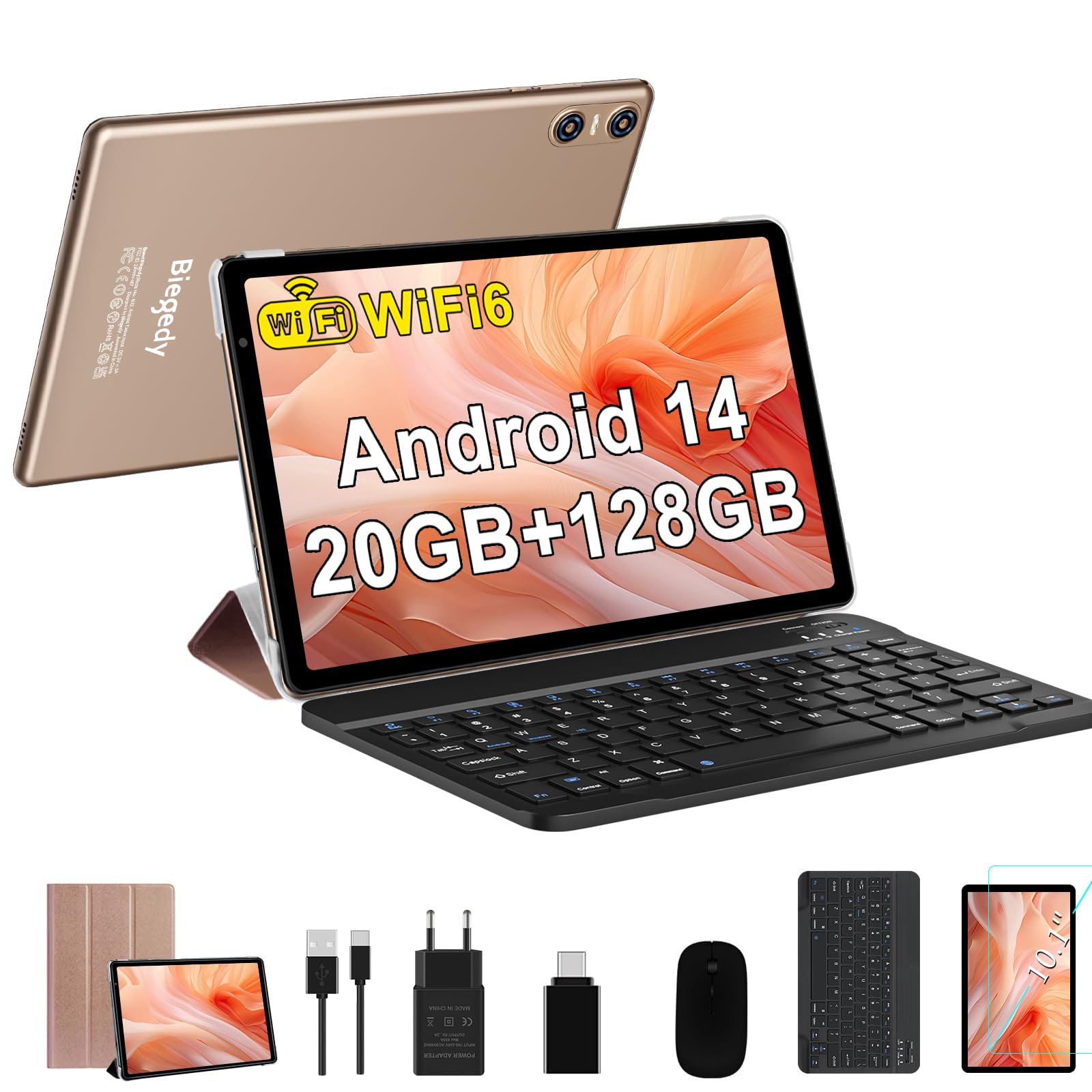 Tablet 10" Android 14 Octa-Core,20 GB RAM+128 GB ROM (TF 512 GB),5G WIFI 6丨6000mAh丨5MP+8MP丨Bluetooth5.0丨1280 * 800, Tablet with Klawiatura Mysz Złoto
