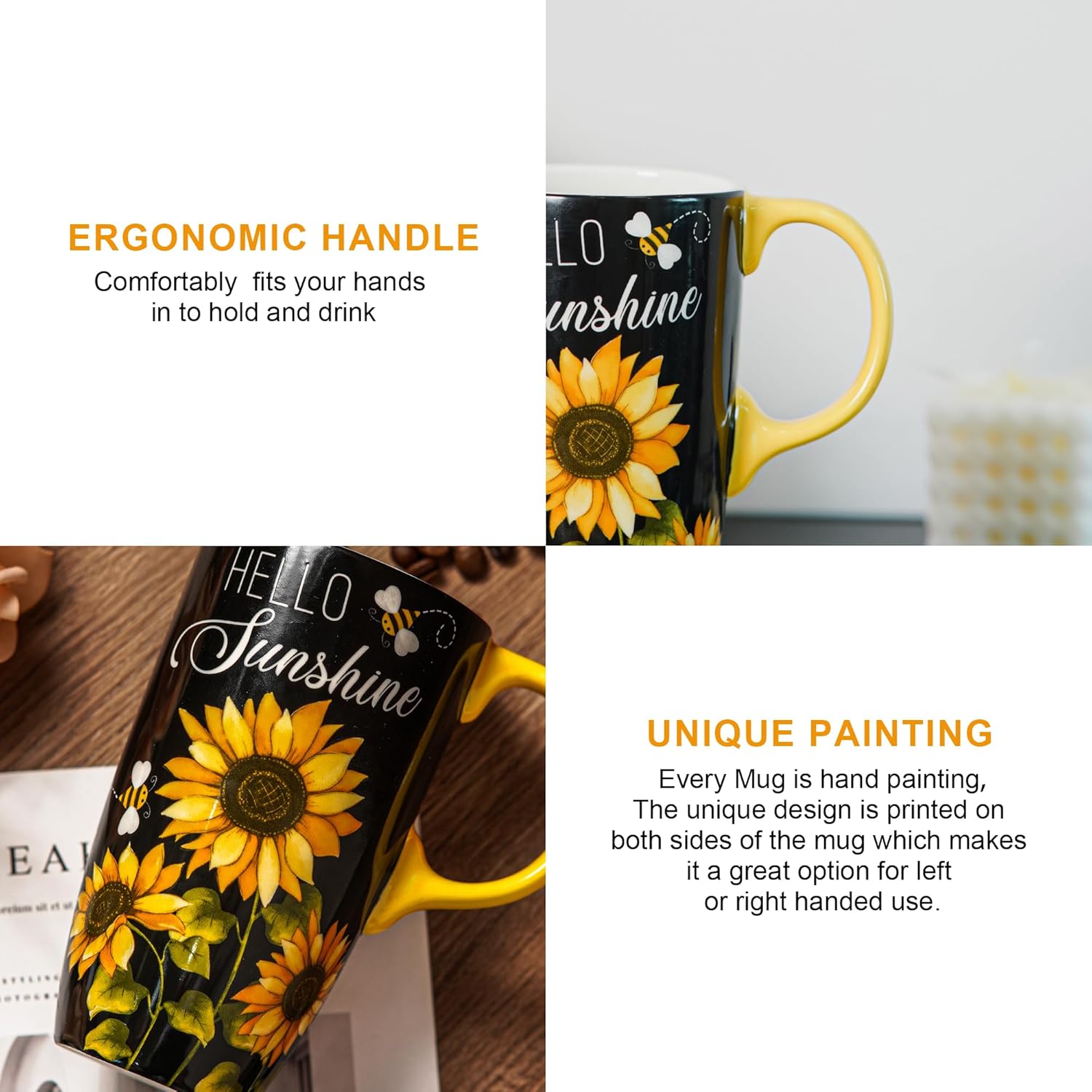 Topadorn Coffee Ceramic Mug Porcelain Latte Tea Cup With Lid 17oz,Novelty Coffee Mugs for Men Women Office & Home,Sunflower - Image 4