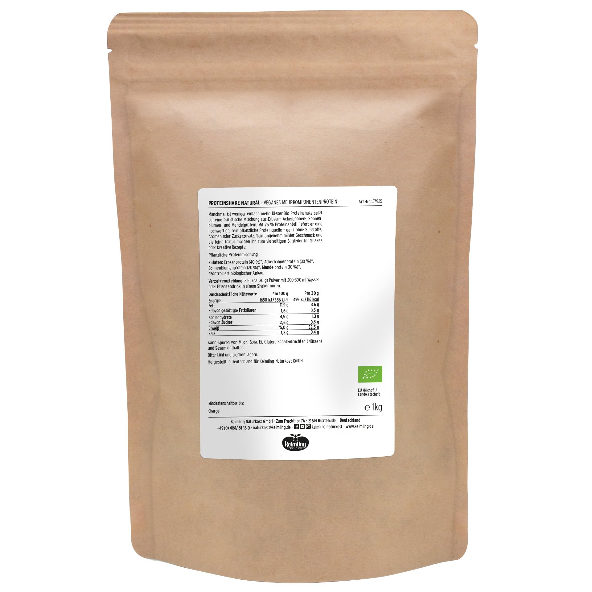 Keimling Bio Proteinpulver Natural 1000 g – 100% natürliches veganes Proteinpulver mit 75% Protein – Erbsen-, Ackerbohnen-, Sonnenblumen- & Mandelprotein – ohne Zuckerzusatz & künstliche Aromen