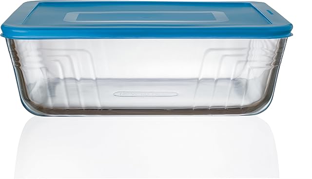 Pyrex Cook n Fresh - Rectangular Storage Dish with Mid Blue Plastic Lid - 4.0L (Dimensions: L27 x W22 x H 8cm)