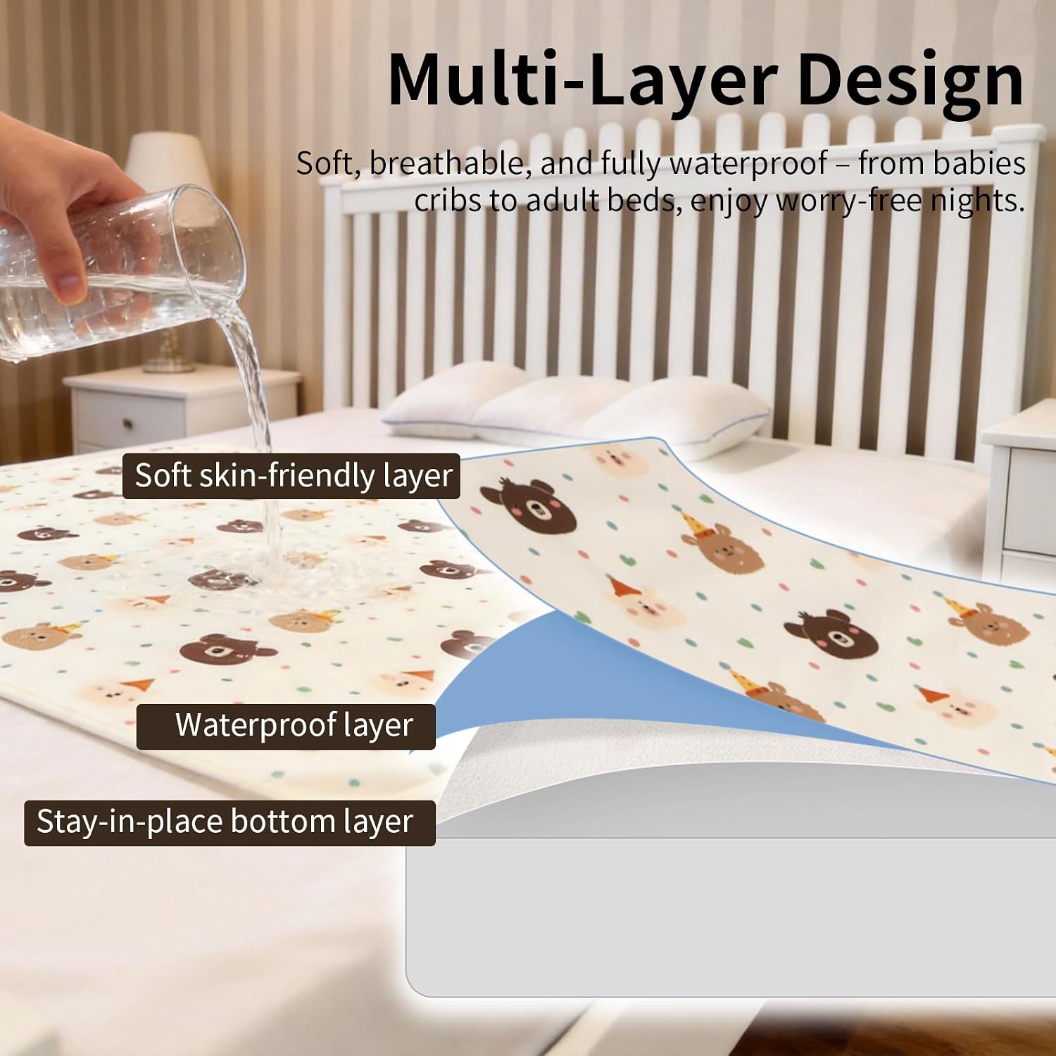 Waterproof Crib Mattress Protector 4 Pack, Reusable Washable Bed Wetting Pee Pads for Kids Toddler & Pets, Party Bear 31 x 39 Inch, Absorbent Waterproof Crib Sheets