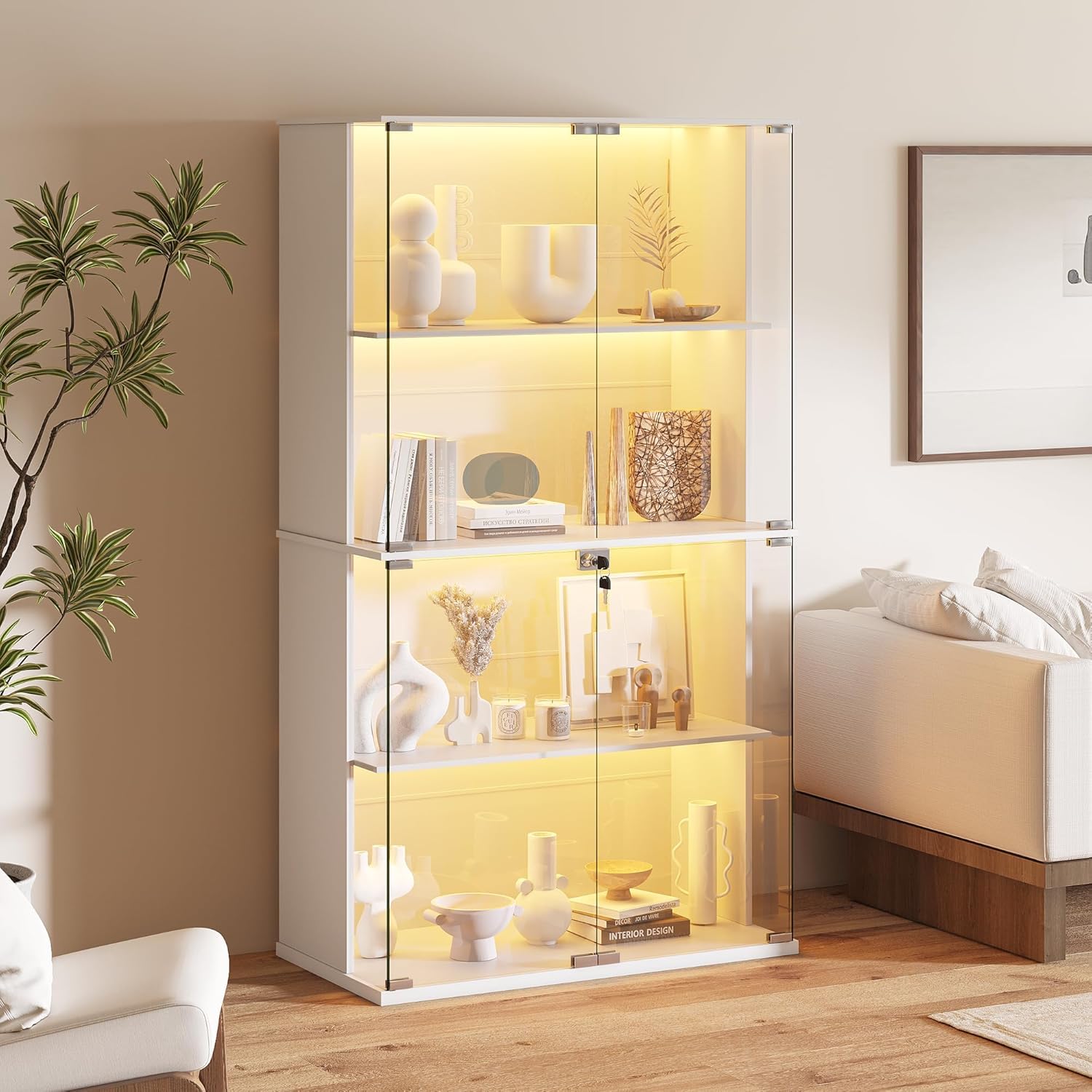 Gurexl 168 CM Vetrina in Vetro con LED 3 Couleurs,Vetrine Da Collezione Anta IIn vetro con Serratura,Pavimento Credenza in Vetro con Sensore Intelligente Per Soggiorno,Curio,Collezione,Bianco