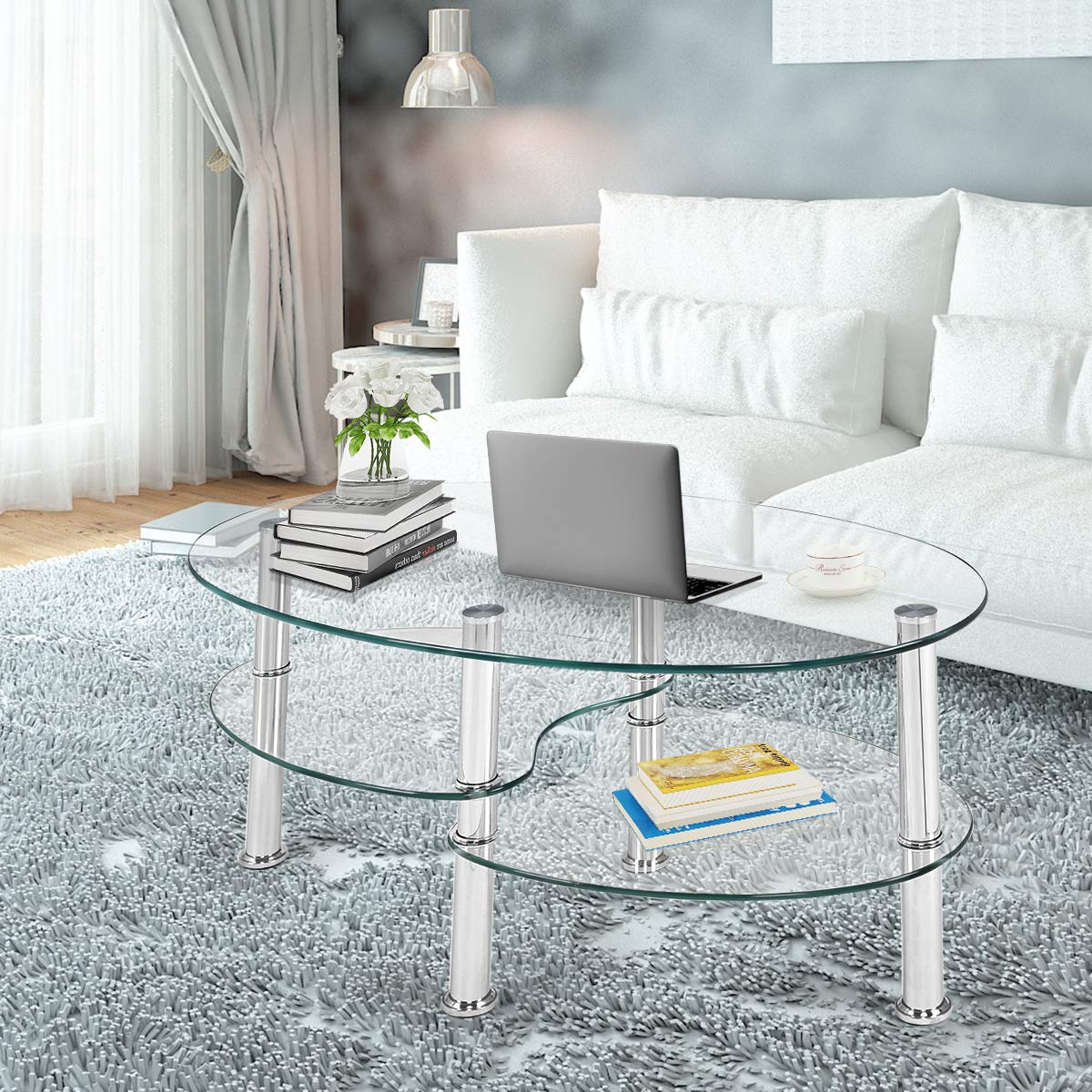 S AFSTAR Glass Coffee Table 3-Tier Modern Oval Smooth Glass Tea Table Center Table End Table with Open