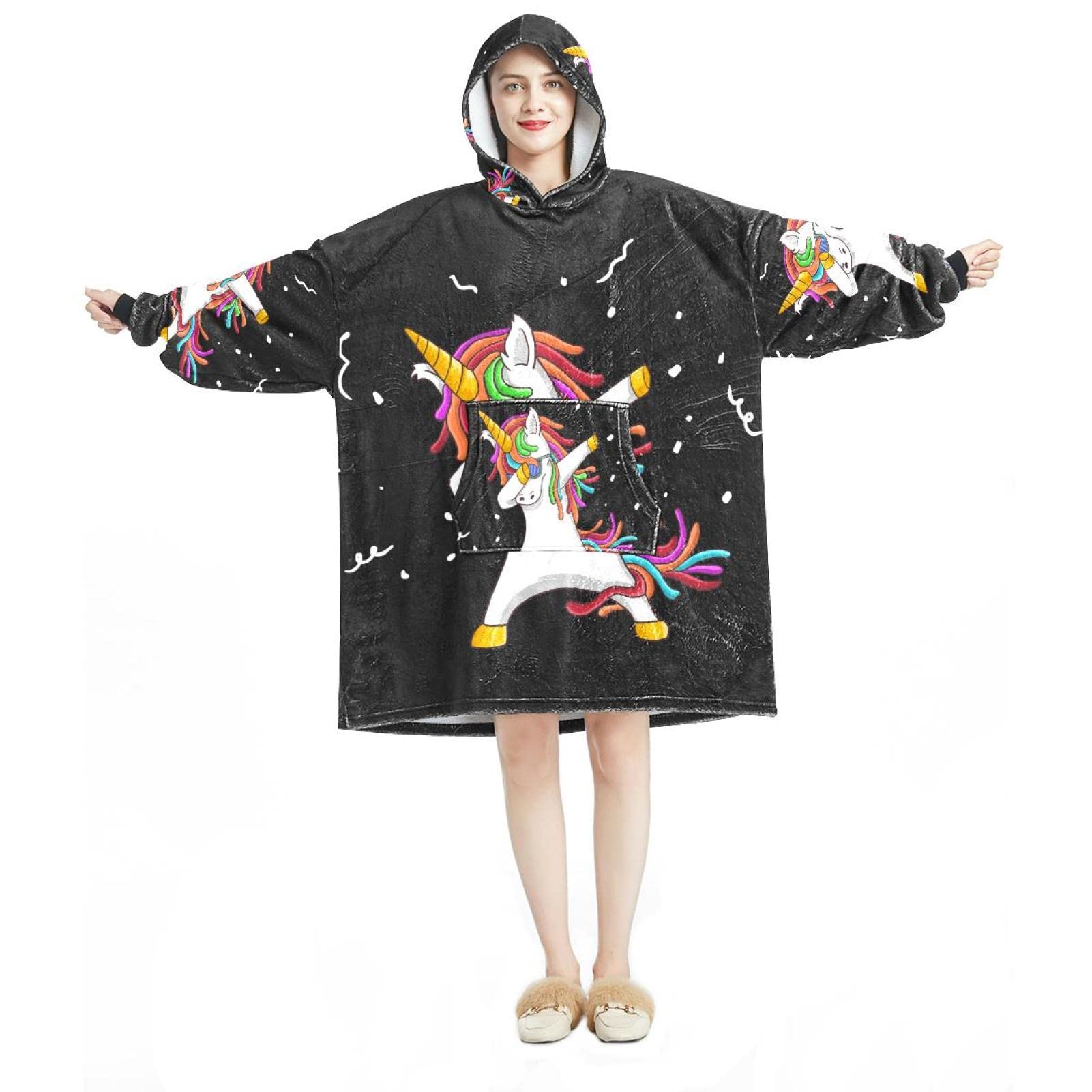 Felpa con cappuccio oversize, coperta in flanella Sherpa con cappuccio e tasca per adulti, uomini e donne, hip hop dab carino unicorno danza