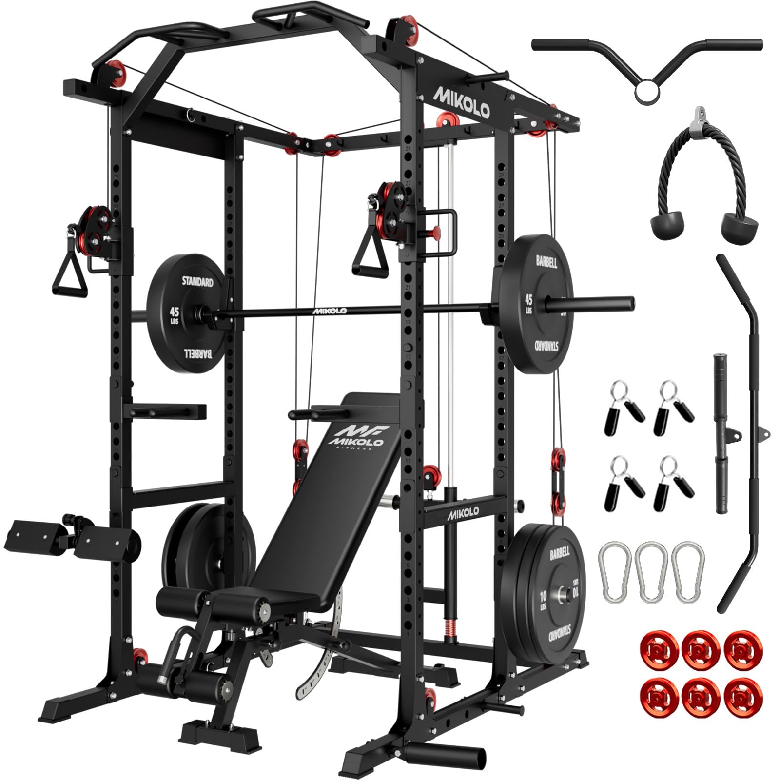 Mikolo K6 2.0 Power Cage, Power Rack with Cable Crossover System, 2000LBS Squat Rack with LAT Pull Down System, Functional Trainer with Aluminum Pulley System for Home Gym