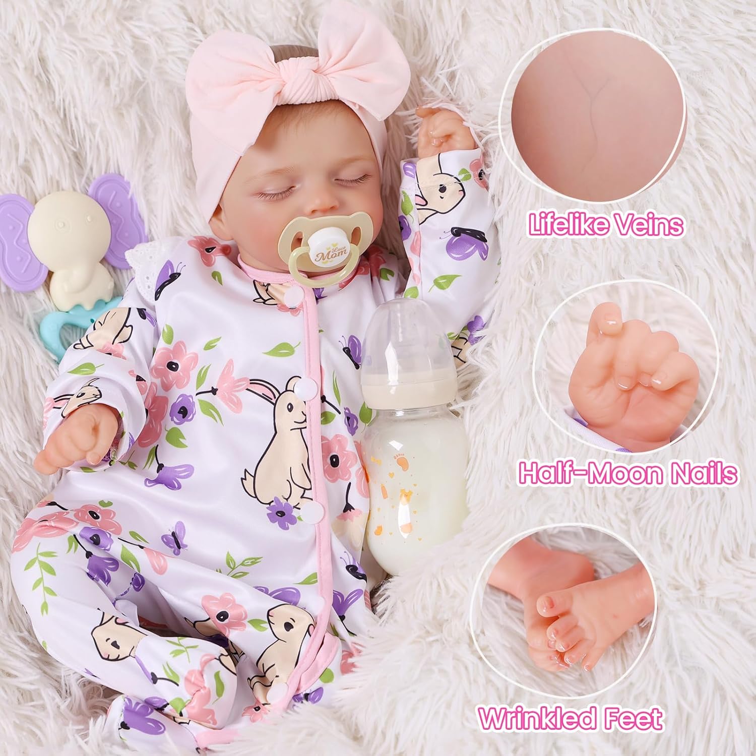 BABESIDE 20 Inch Reborn Baby Doll with Bassinet Basket, Lifelike Soft Body Newborn Girl Doll, Vinyl Head & Cloth Body, Feeding Kit & Gift Box, for Kids Age 3+