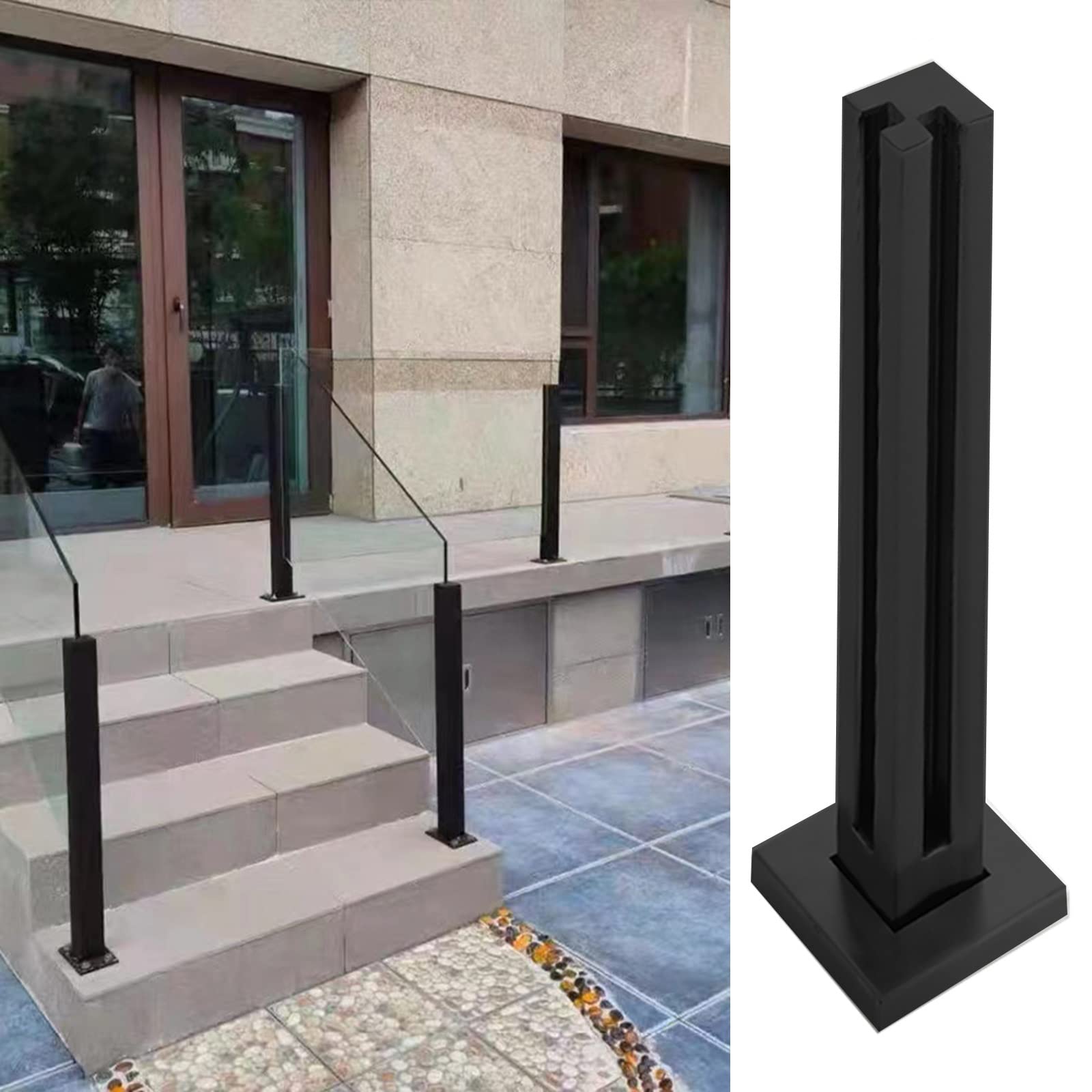 Abrazadera de valla de vidrio para terraza y balcones exteriores con base cuadrada negra mate