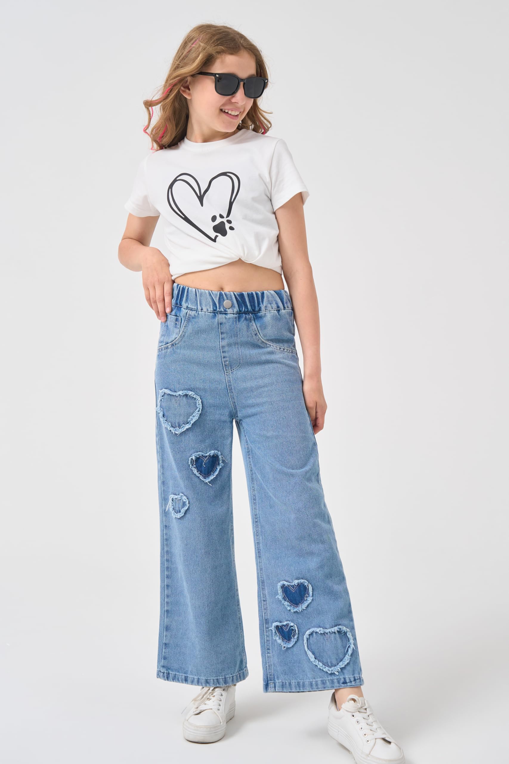 AOWKULAE Pantalones de mezclilla para niñas de 4 a 14 años con cintura elástica y pierna ancha