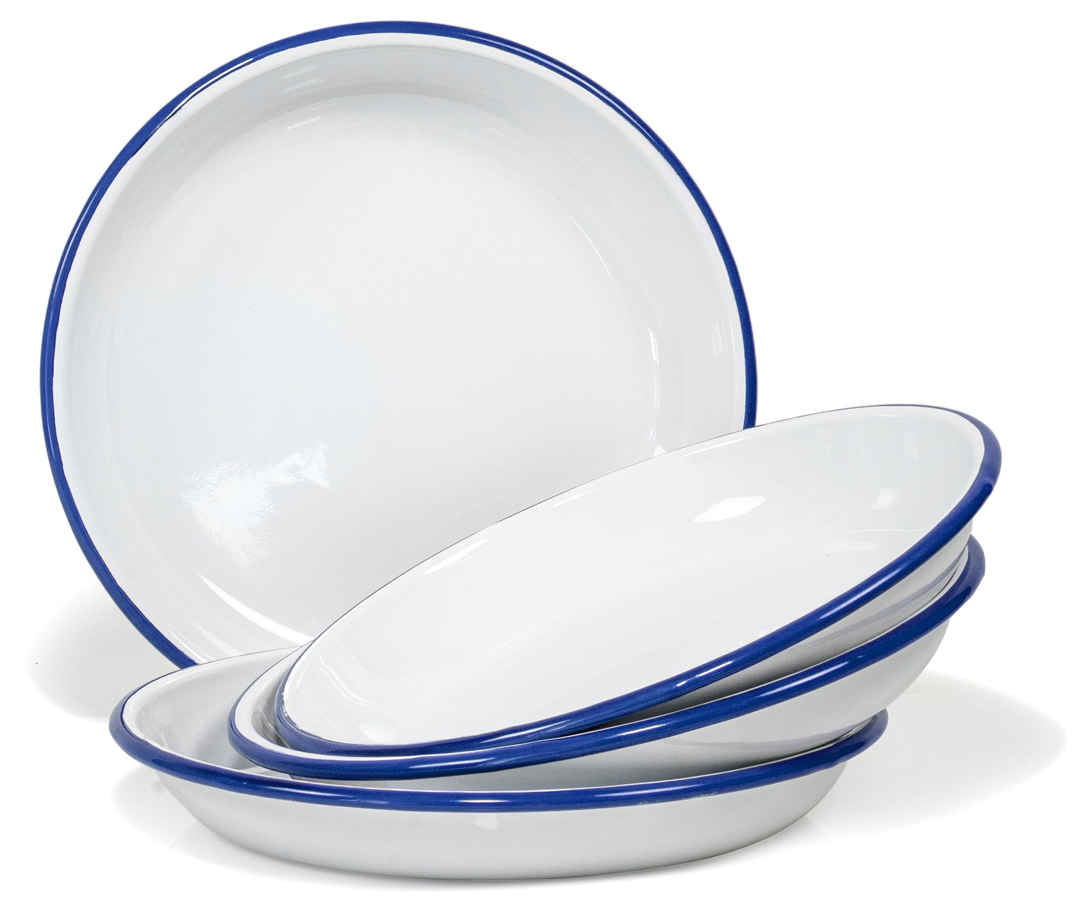 Red Co. Set of 4 Enamelware Metal 10” Round Camping Plates, Solid White/Navy Blue Rim