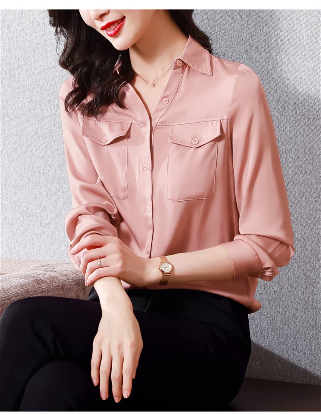 Blusas Sueltas Informales para Mujer con 2 Bolsillos, Camisas de Seda Satinada para Trabajo de Dama de Oficina, Camisa de Vestir con Botones