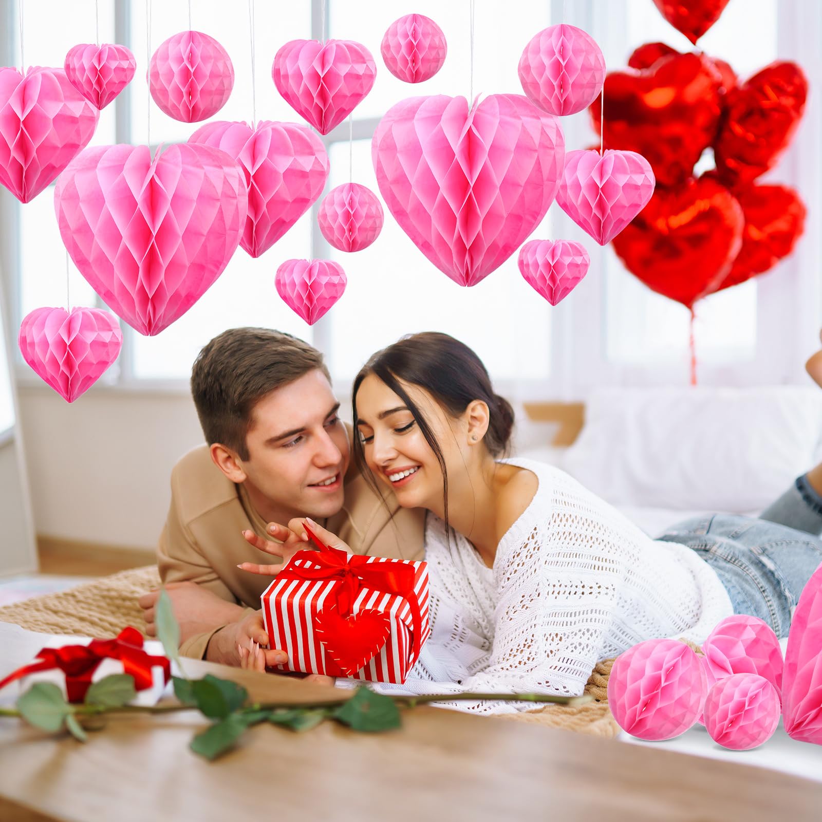 Yexiya Wabenbälle zum Valentinstag, Papier-Pompons, Wabenbälle, Dekorationen, Herzen, Dekorationen, Herzen, Seidenpapier für Verlobung, Hochzeit, Brautschmuck, Geburtstag, Rosa, 36 Stück