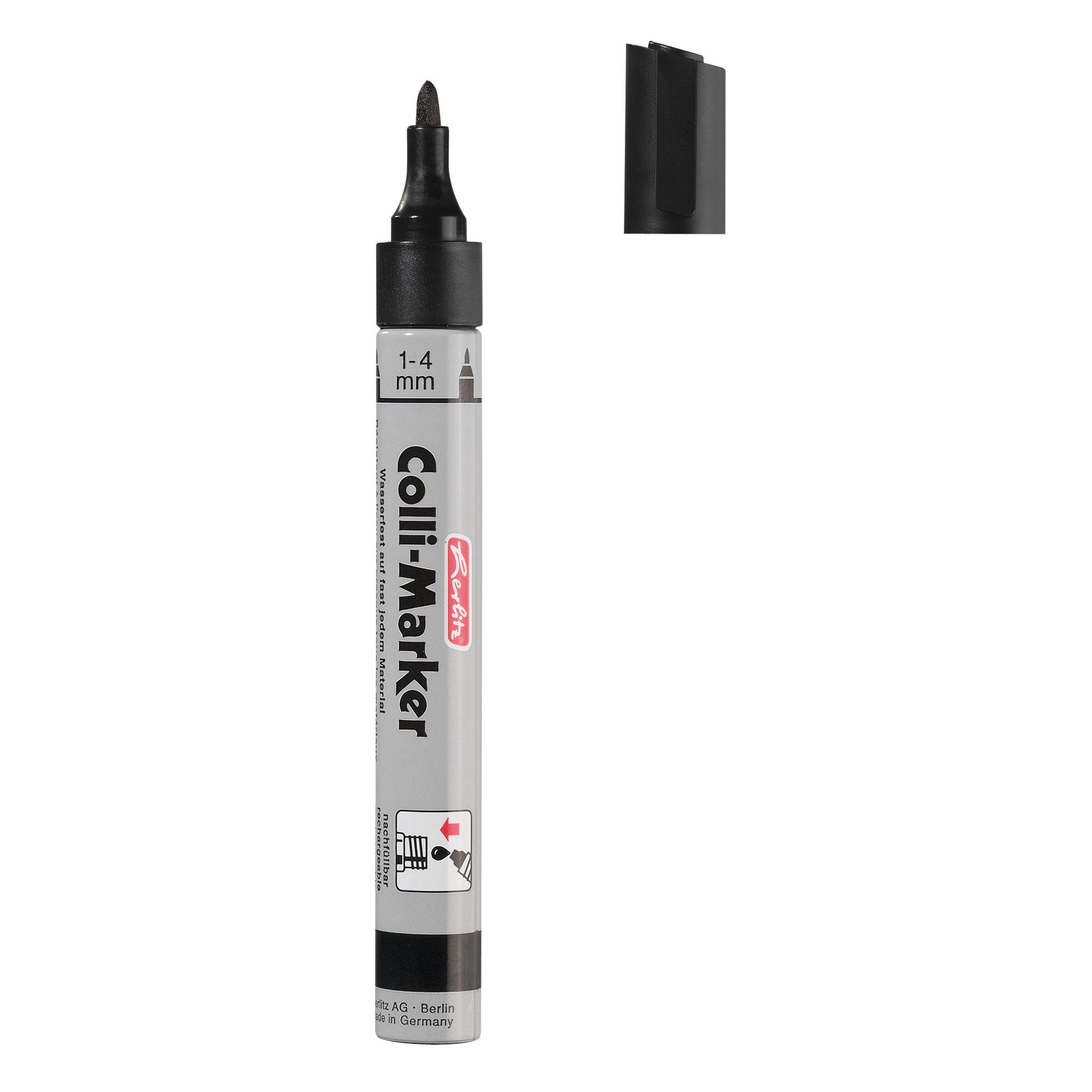 Herlitz Pennarello Indelebile Scatola 10 Pezzi - Punta Conica 1-4mm Nero - Alloggiamento Alluminio