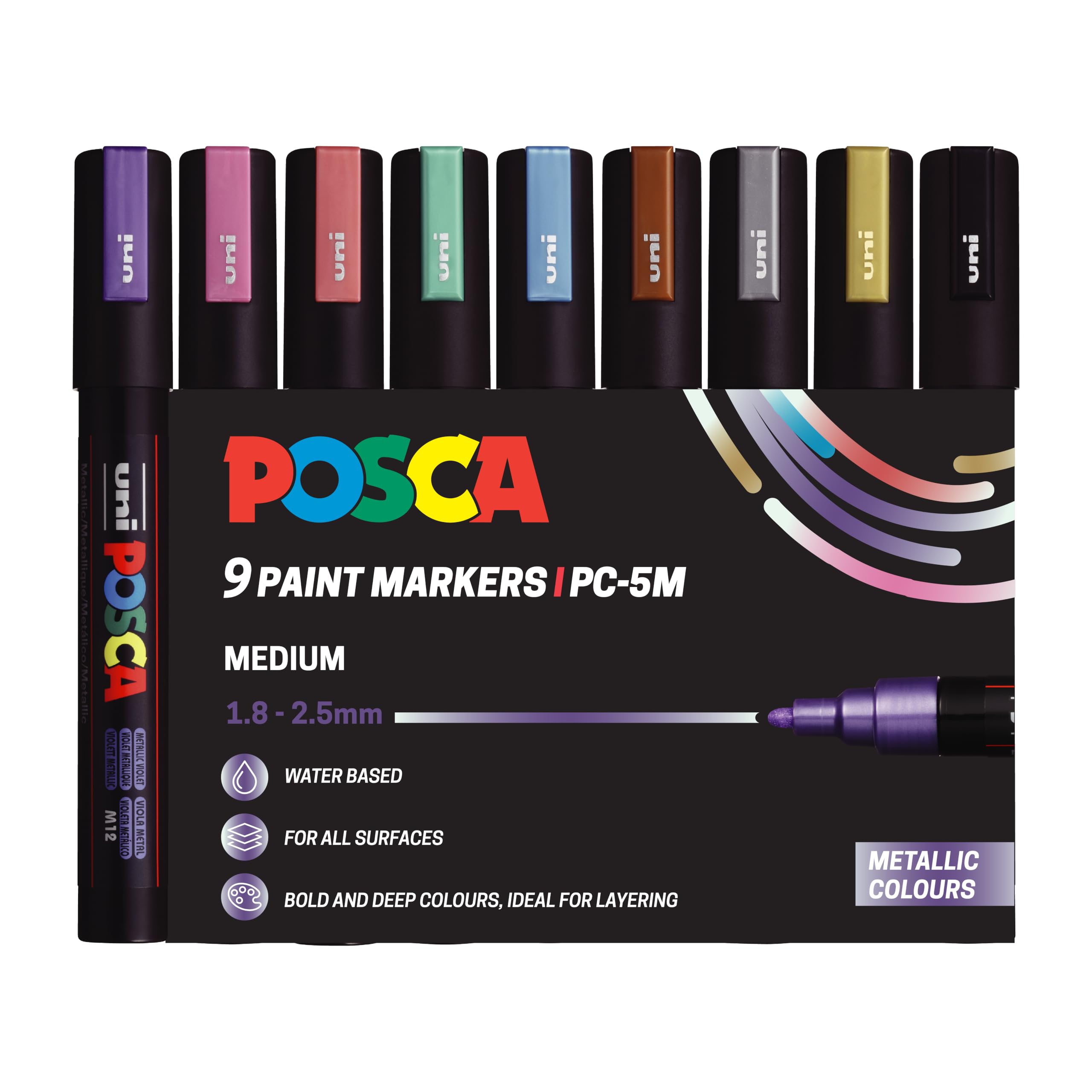 Posca PC-5M Medium Acrylic Paint Marker Pens, Metallic Colours (9-Pack)