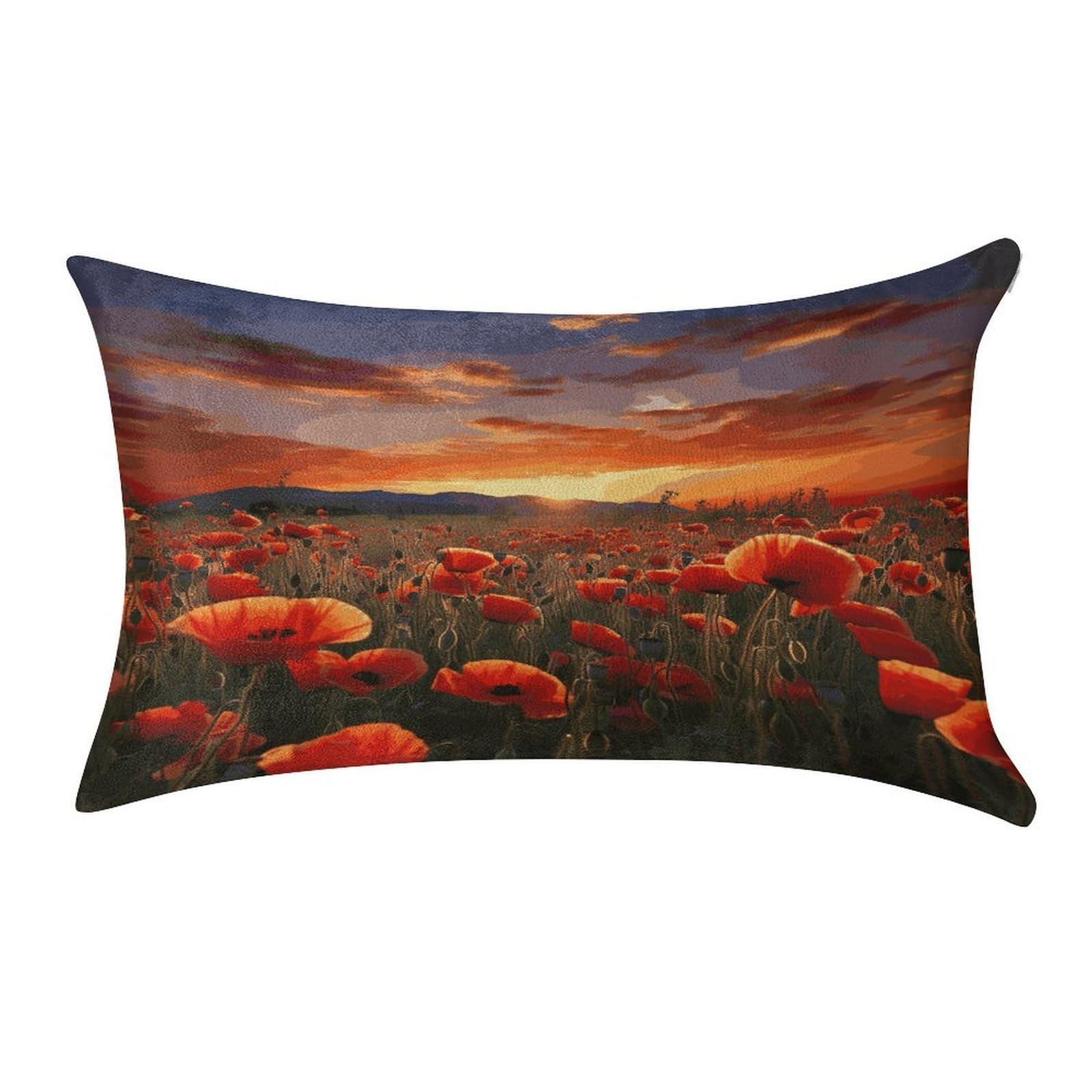 MUSM Red Poppy Flower Field in Sunset Pillow Case 12"X20" Luxury Velvet Throw Pillow Cover Fade Resistant Cozy Soft Pillowcases Pillow Protector Pillow Shams Lumbar Pillow Shells for Home&Gifts