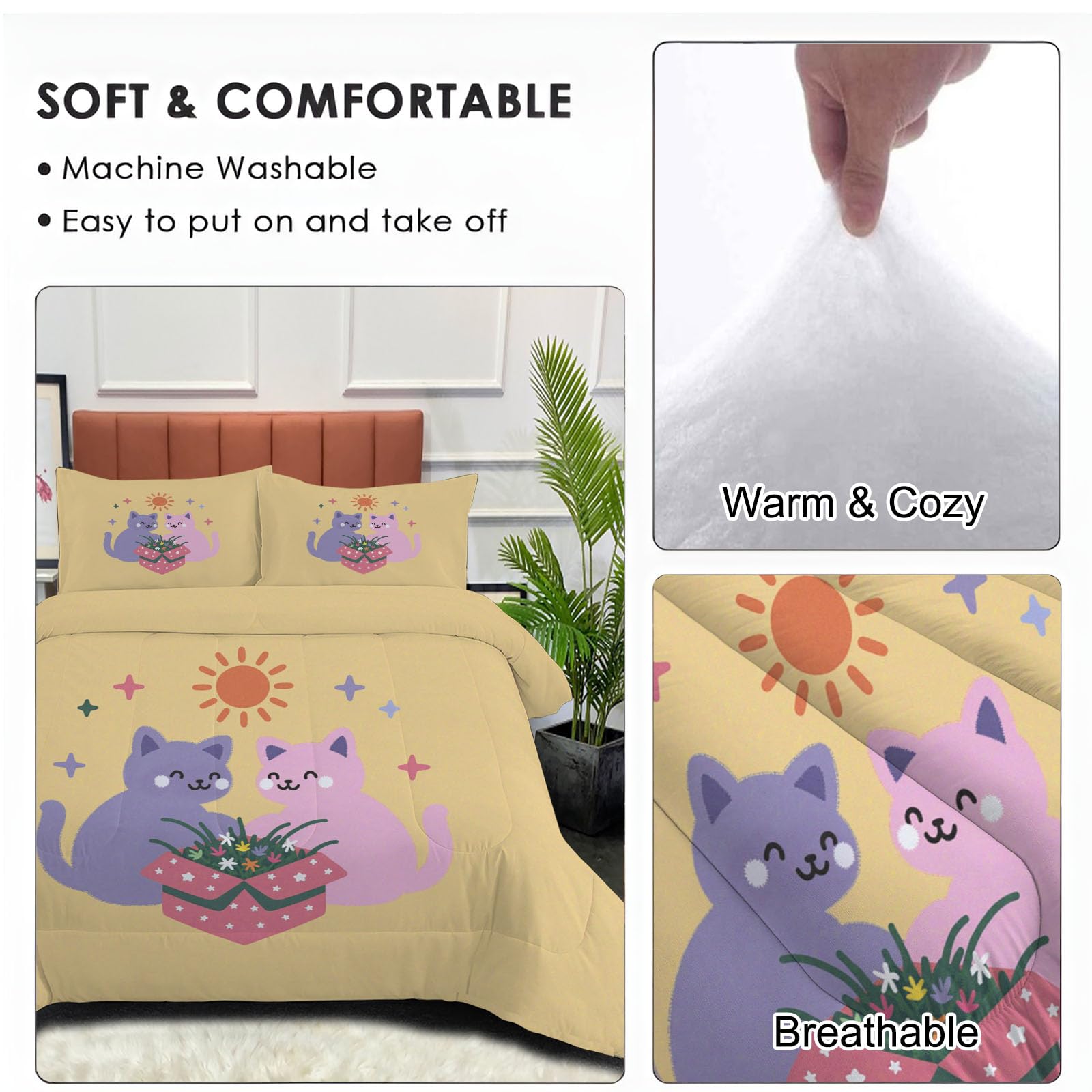 Trapunta Letto Singolo 4 Stagioni Piumone per Bambini, Semplice Gatto Sole Leggero Astratto Animali Set di Biancheria da Letto 140x200cm con 1 Federe,Piumino Lavabile In Lavatrice