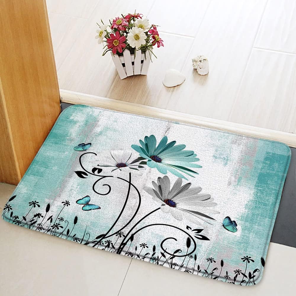 Farmhouse Floral Bath Mat Rustic Teal Daisy Flower