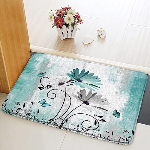 Tapete de baño rústico con diseño floral, color verde azulado, margarita, mariposa, turquesa, azul, alfombra de baño, dormitorio, cocina, interior,