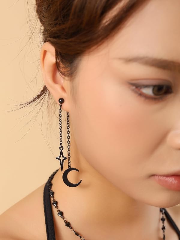 Black Crescent Moon Star Dangle Earrings, Gothic Emo Punk Grunge Earrings by Sacina - Used condition - Image 2