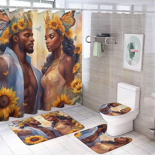 Miniatura 2 de ZGDPBYF Juego de alfombras de baño ultrasuaves de 3 piezas antideslizantes, tapetes de baño para parejas afroamericanas, juego de baño con alfombras