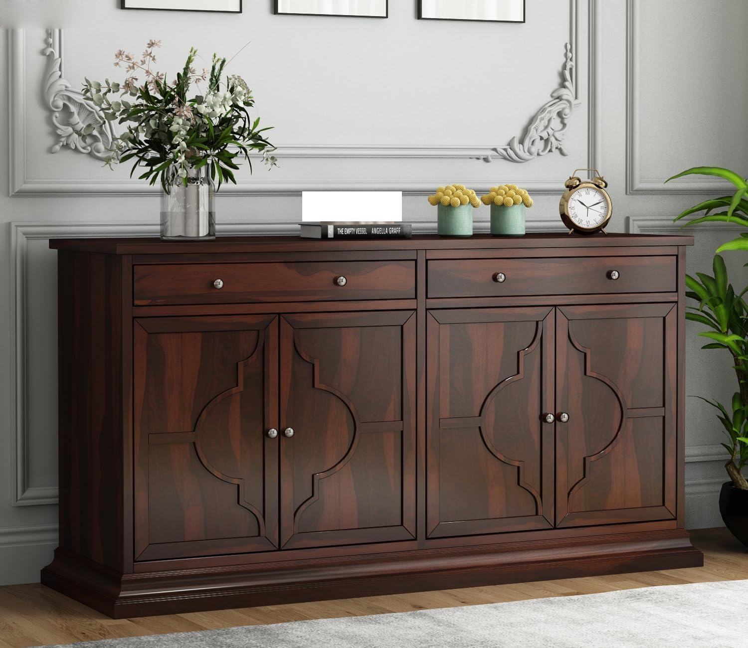 Solid Sheesham Wood Sideboard Cabinet - Elegant Free-Standing Movable Chest of Drawers with 2 Drawers & 4 Shelf storag for Stylish Living Room Walnut-picture-27