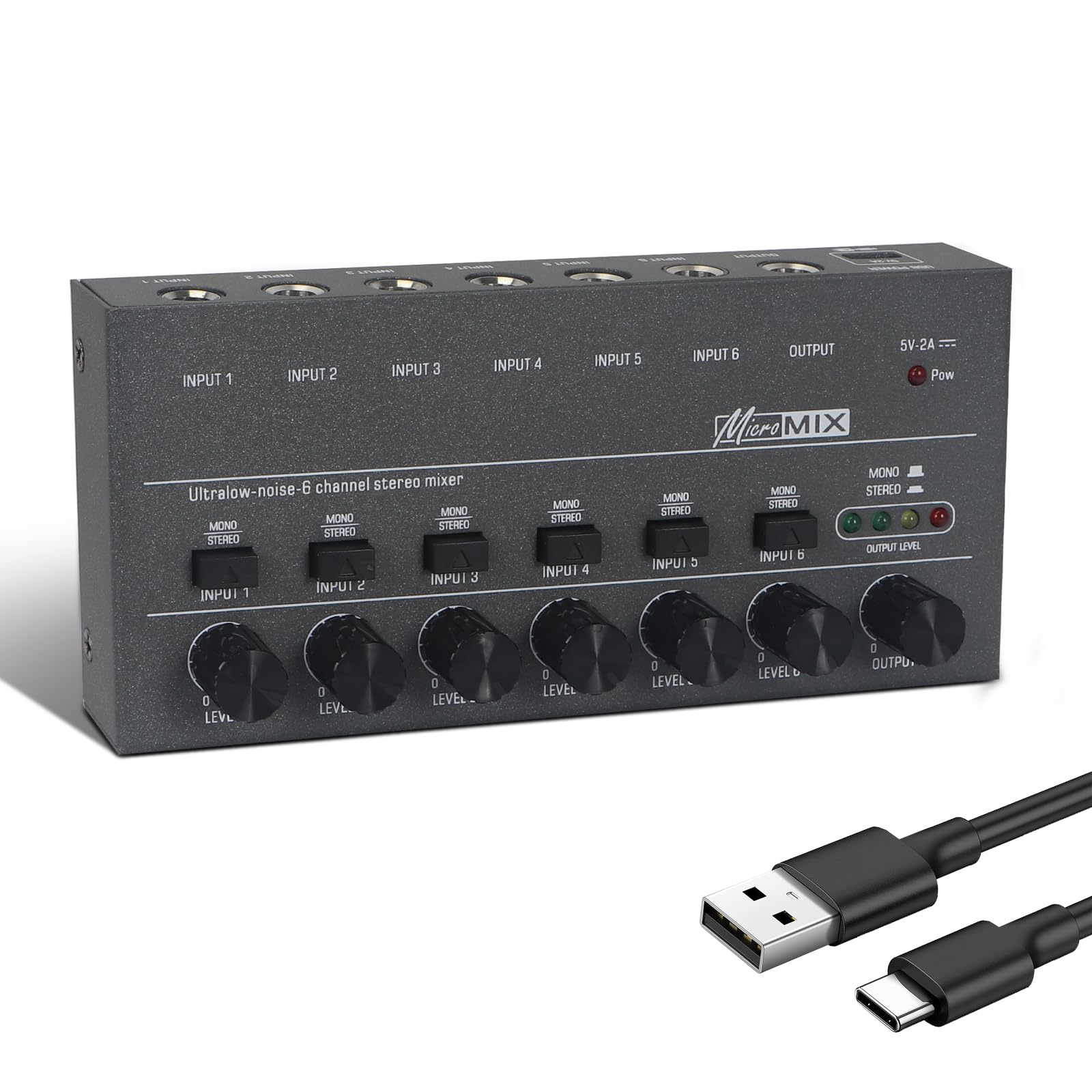 Horse Audio Mixer Line Mixer, 6-Channel Stereo Line Mixer for Sub-Mixing, Ultra Low Noise Operation, for Guitar, Microphone, Bass, Digital Keyboard, Suitable for Bar and Small Club, Black