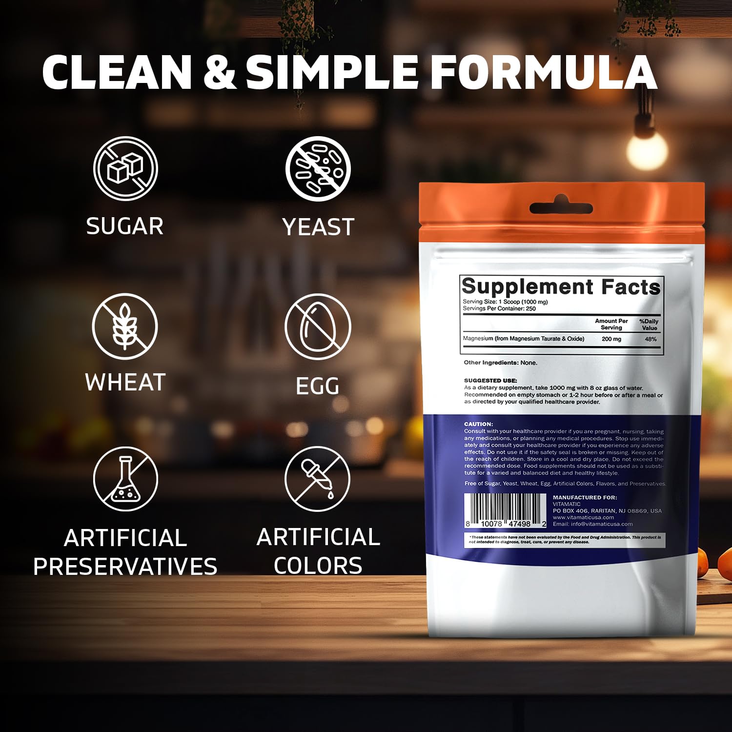 Vitamatic Magnesium Taurate 1000mg per Serving Supports Muscle, Joint, and Heart Health 250 Grams - 250 Servings — Amazon image 4