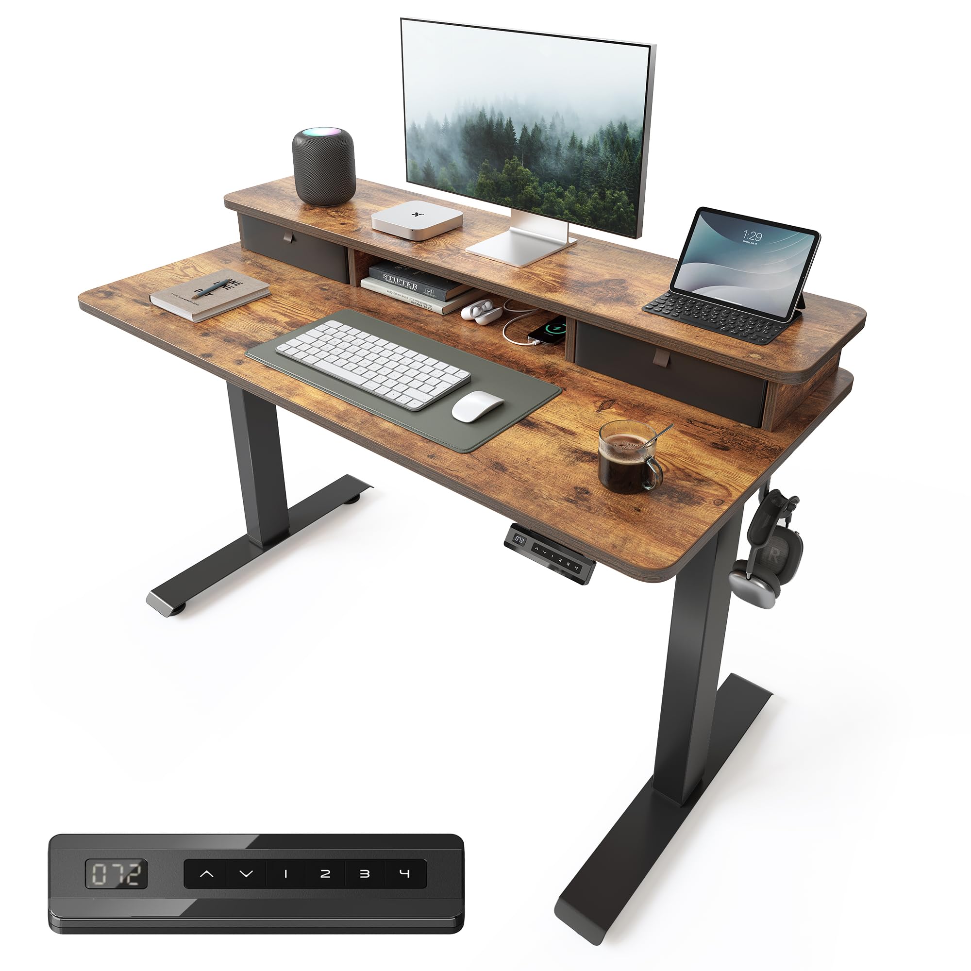 FEZIBO 40 x 24 Inch Height Adjustable Electric Standing Desk with Double Drawer, Stand up Home Office Computer Desk with 4 Height-Adjustable Feets &amp; 2 Hooks, Rustic Brown