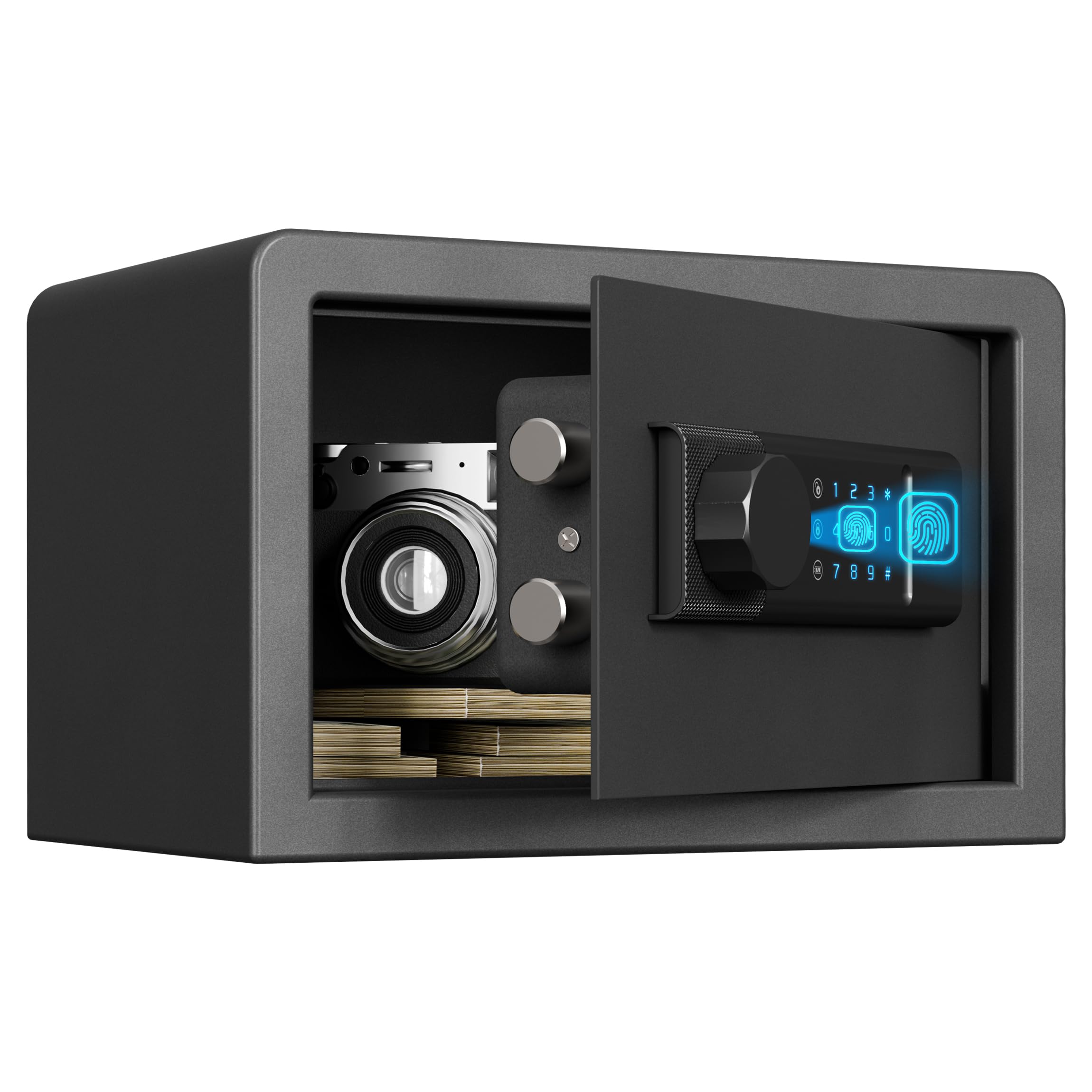 RPNB Caja fuerte biométrica retroiluminada Touchpad pequeña caja fuerte para el hogar con puerto USB-C de emergencia luz indicadora caja fuerte de acero de aleación para dinero y joyas 8,5L