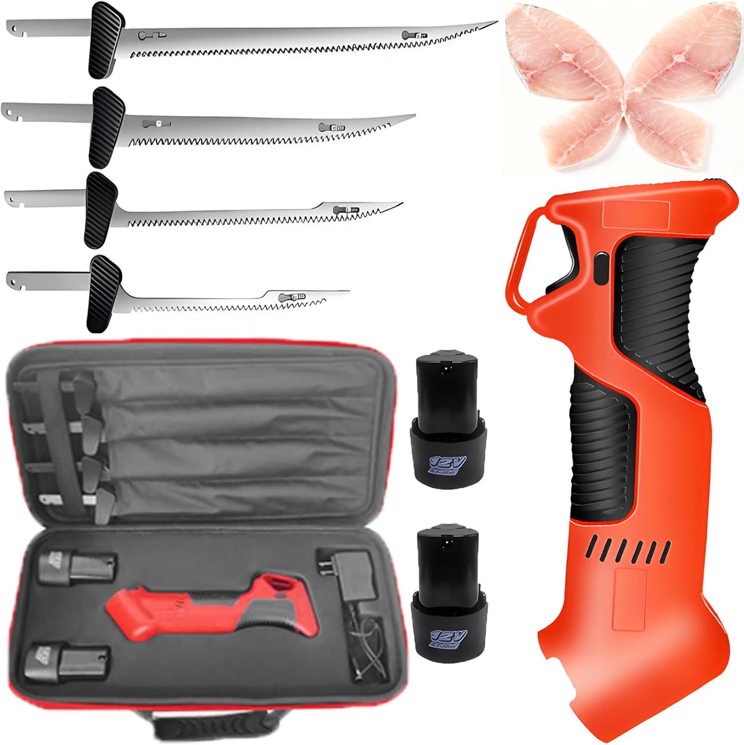 Cordless Electric Fillet Knife - Reciprocating Fish Filet Knife W/ 4 Blades,Non-Slip Grip Handle&Safety Lock/2 Rechargeable Battery Packs+Handbag For Fishing,Filleting,Outdoors