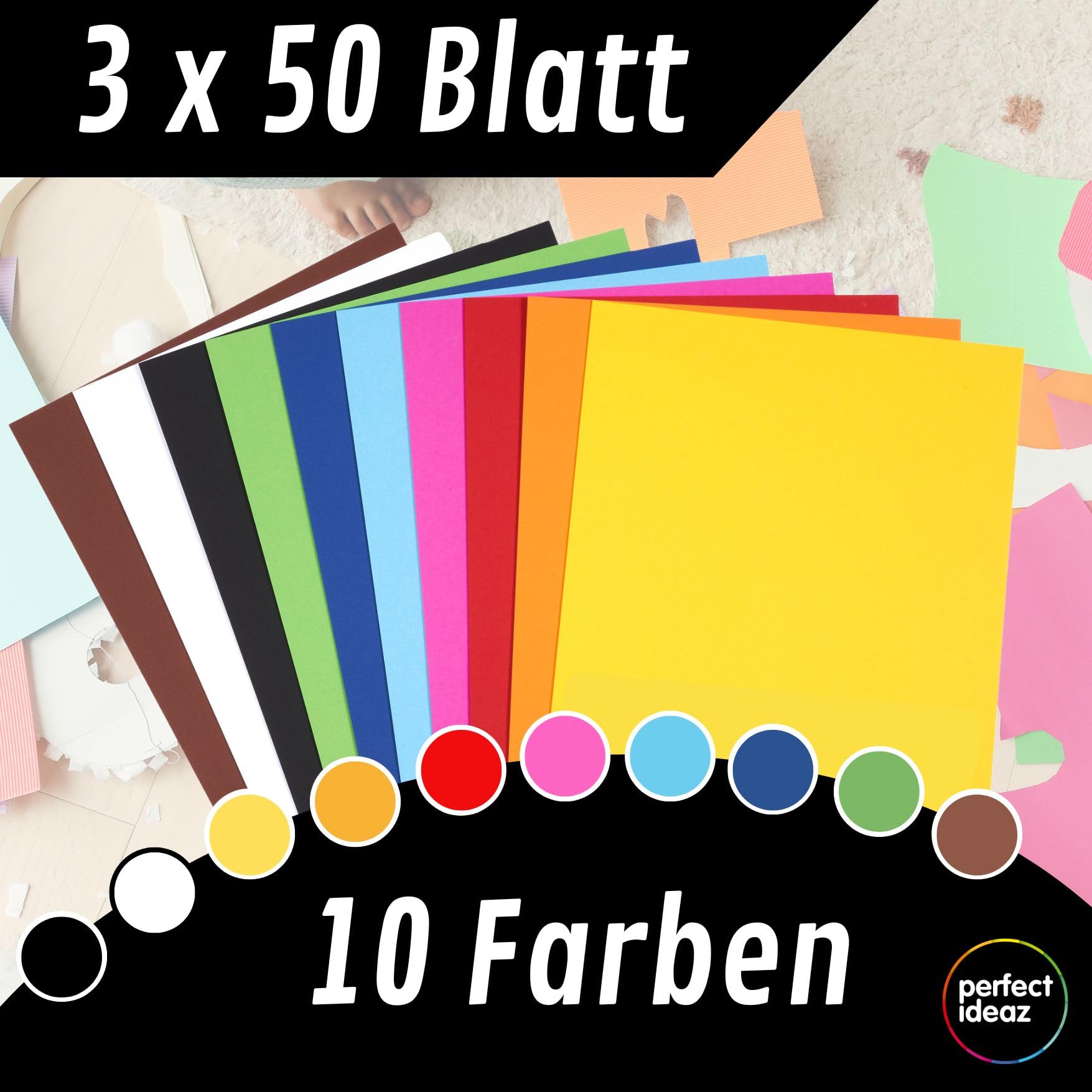 perfect ideaz 150 hojas de cartón fotográfico DIN A2, 10 colores, cartón reciclado estable de 300 g/m², fabricado en Alemania, certificado Blauer Engel (3 x 50 hojas)
