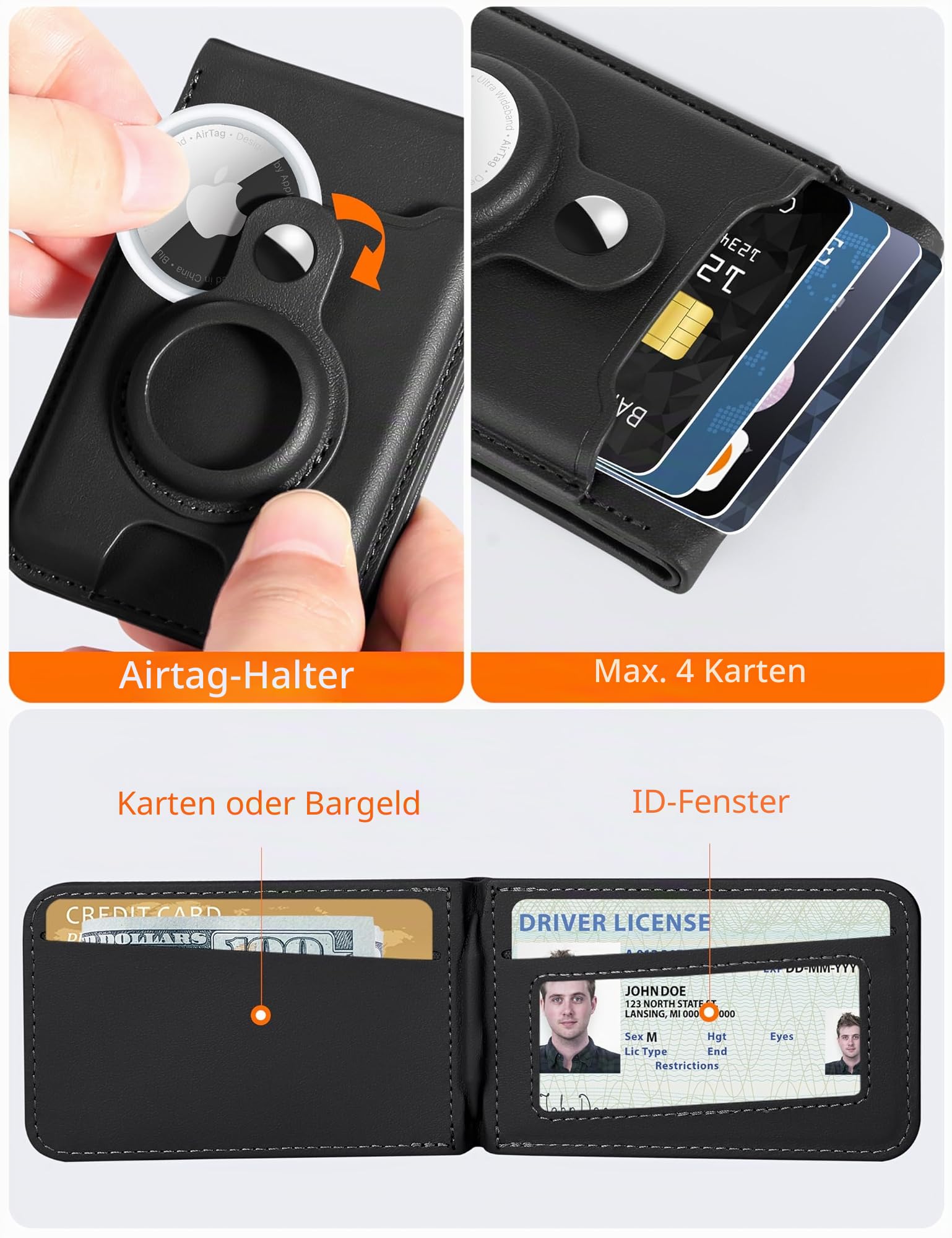 Stärkster Mag-Safe Wallet Stand mit Airtag-Halterung für iPhone 16/15/14/13/12 Serie, RFID-Leder, Ausweisfenster, magnetisch, 6 Kartenhalter, Schwarz