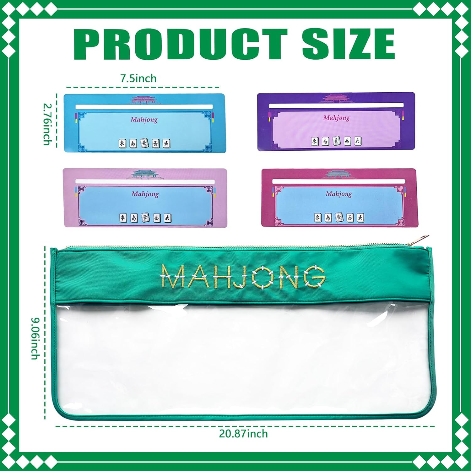 Clear Mahjong Tile Bags with Zipper，Mahjong Bags for Tiles， Comes with 4 Mahjong Tile Guides and Route Finder (Green)