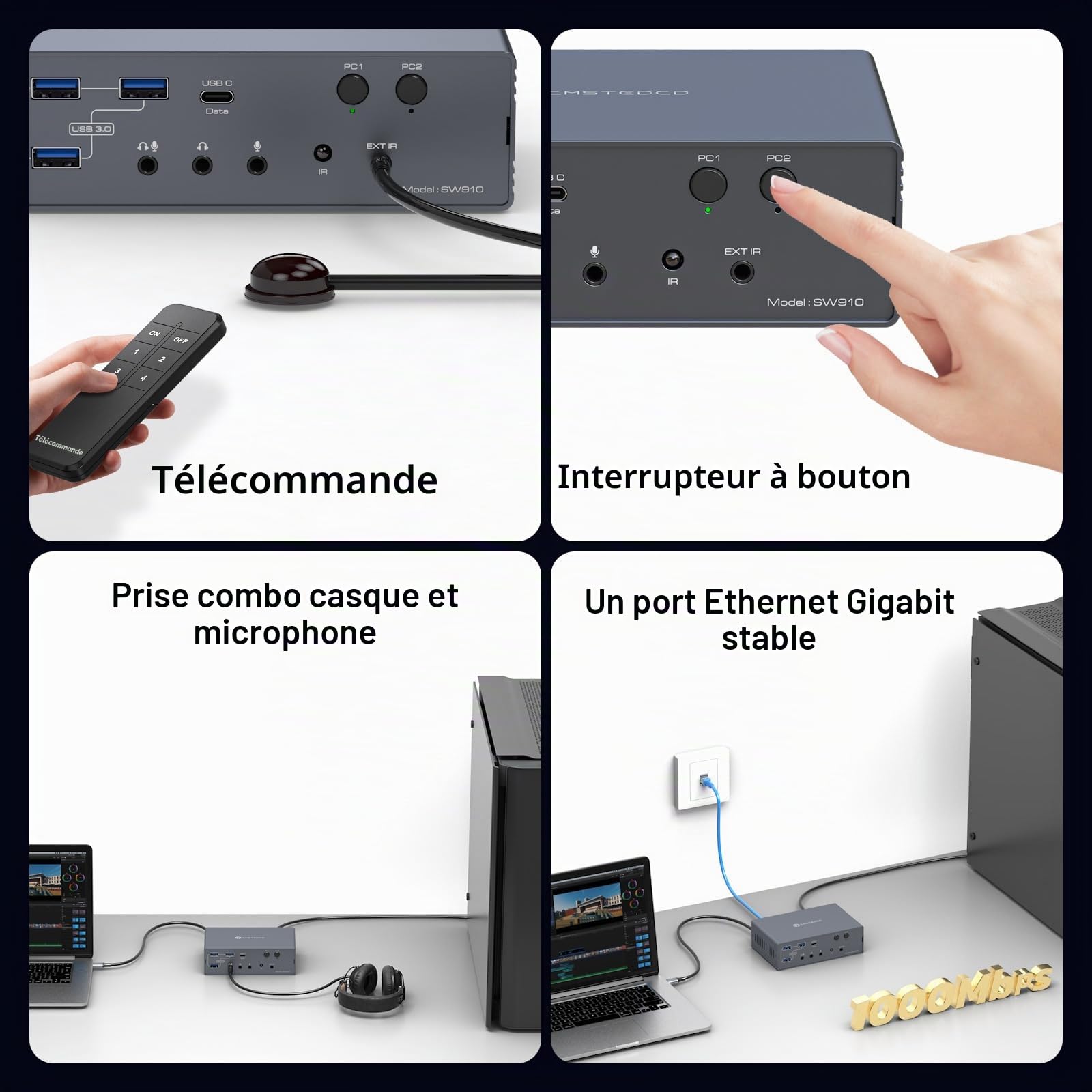 VEDINDUST 4K120Hz KVM Switch Station d'Accueil 2 Ordinateurs Portables 2 Moniteurs Thunderbolt Dock avec 2 Ports USB-C MST 1G, Ethernet 1G, Port Casque et Microphone Prise en Charge du Mode Etendu