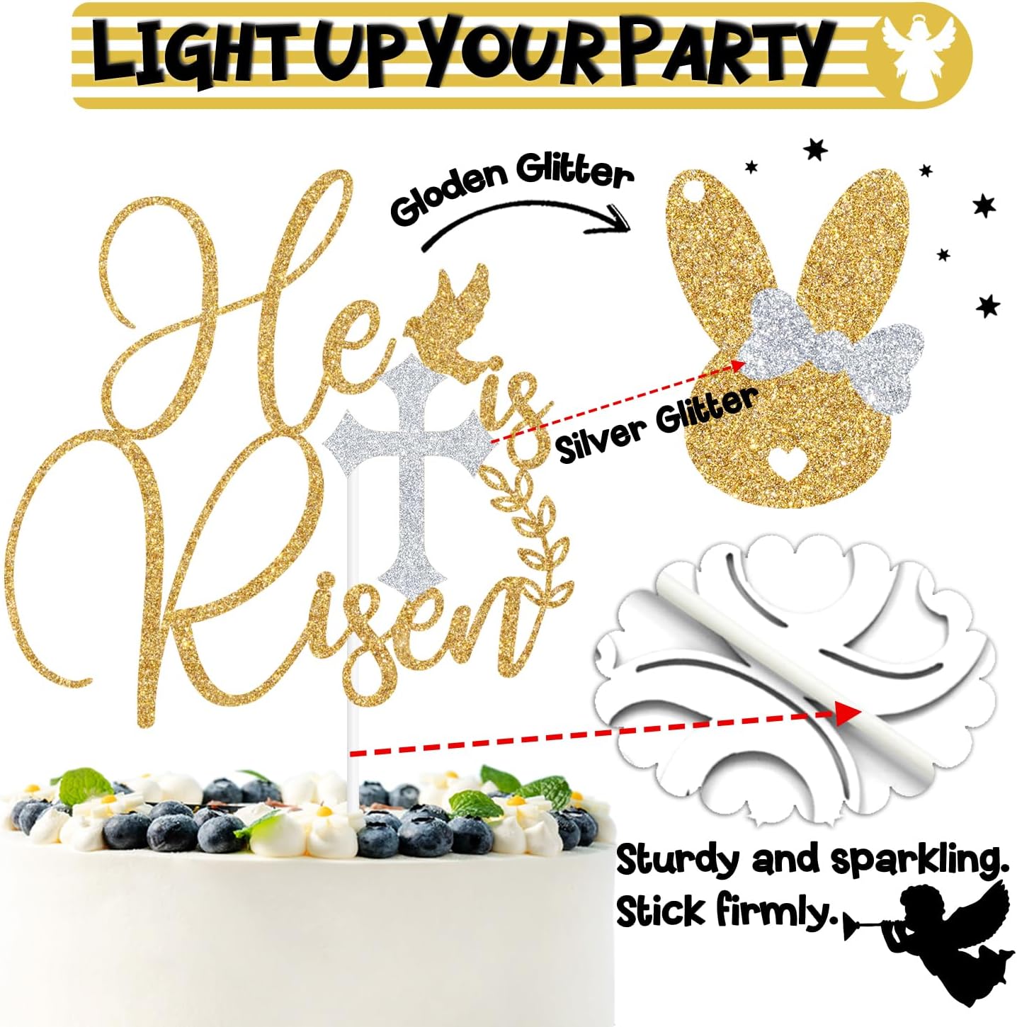 Gold Glitter He is Risen Cake Topper, Happy Easter Day/No Bunny Loves You Like Jesus, Easter Day Party Decorations Supplies