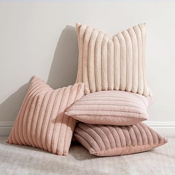 MIULEE Faux Fur Plush Decorative Throw Pillow Covers 18x18 Set of 4, Valentine's Day Cute Modern Soft Romantic Fuzzy Striped Cushion Covers Girl for Sofa Couch Bed Living Room Cozy Home Decor,Pink
