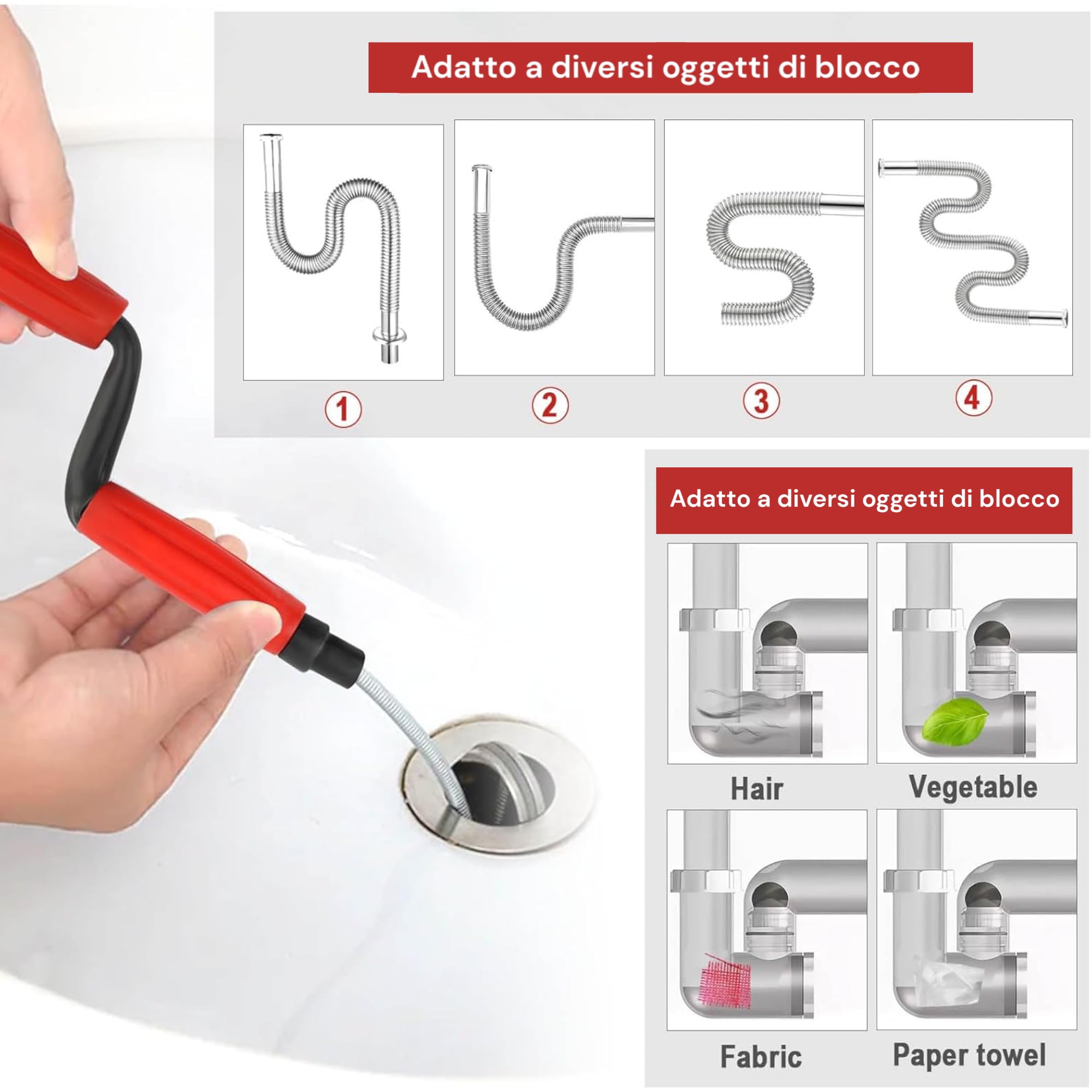 Sonda per Sturare Tubi 5M, Molla Sturatubi Professionale Diametro 12mm con 8 Accessori per Lavandino, Doccia, WC - Stura Lavandini e Scarichi Intasati Manualmente