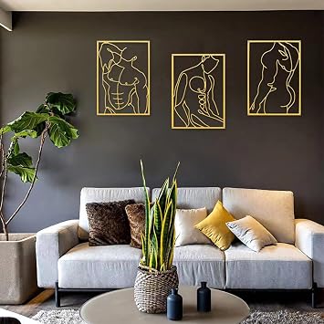DoMyfit Metal Wall Art, 3 Pcs Wall Decor, Above Bed Wall Decor, Modern Minimalist Abstract Men Shape Line Wall Hanging Sculptures for Living Room Bedroom Bathroom Decorations Wall Sculptures Gold