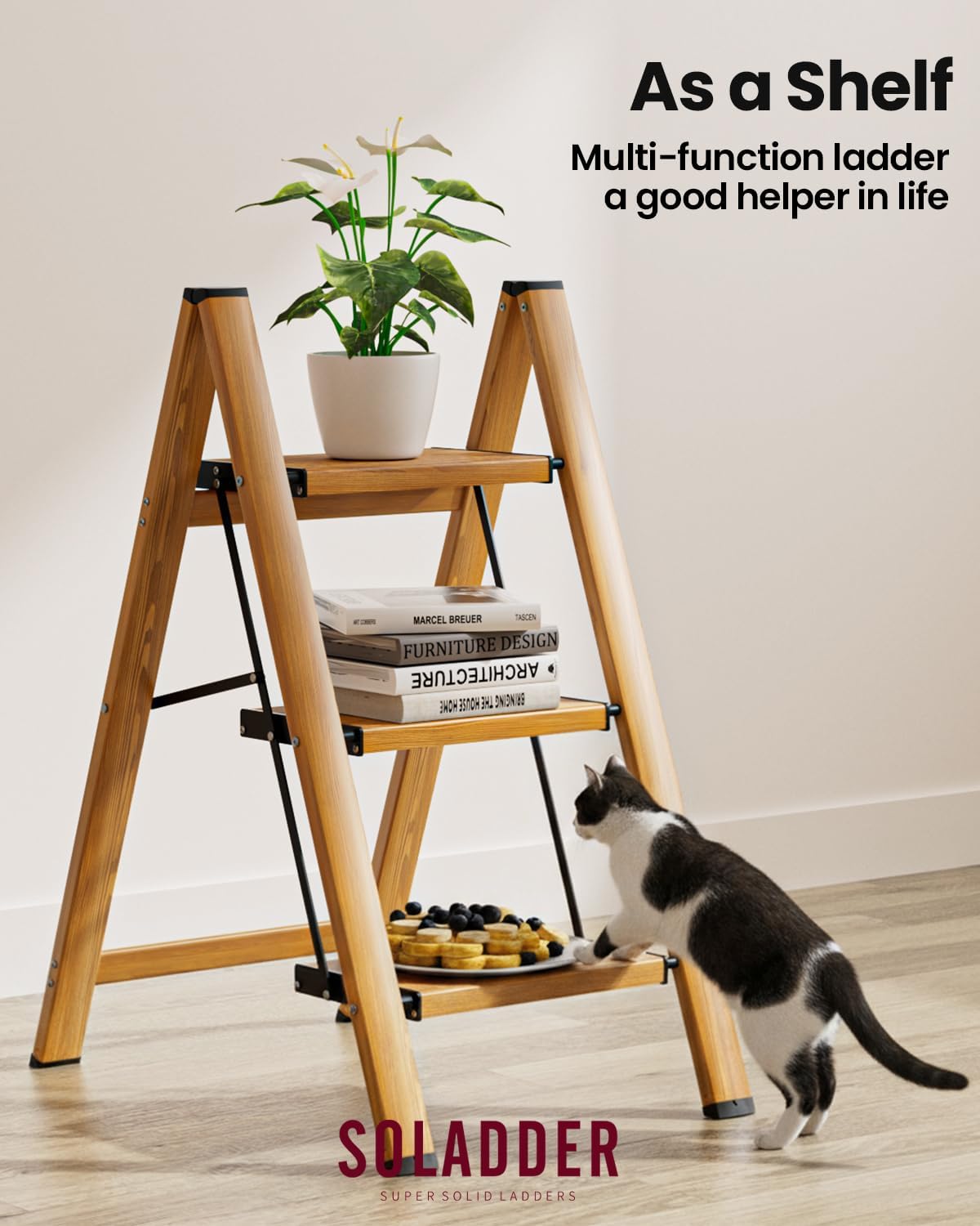 3 Step Ladder, Folding Aluminum 3 Step Stool with Anti-Slip Wide Sturdy Pedal, Multi-Use for Home and Kitchen Use, Space Saving-Woodgrain(300 lbs Capacity)