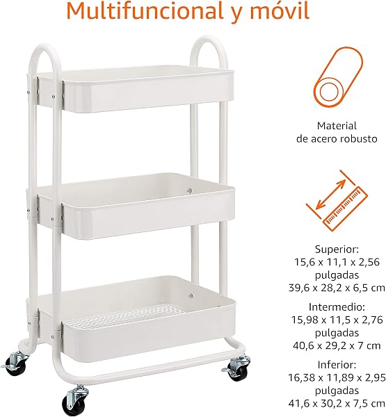 Amazon Basics Carrito de cocina o multiuso de tres niveles con ruedas en blanco - 4