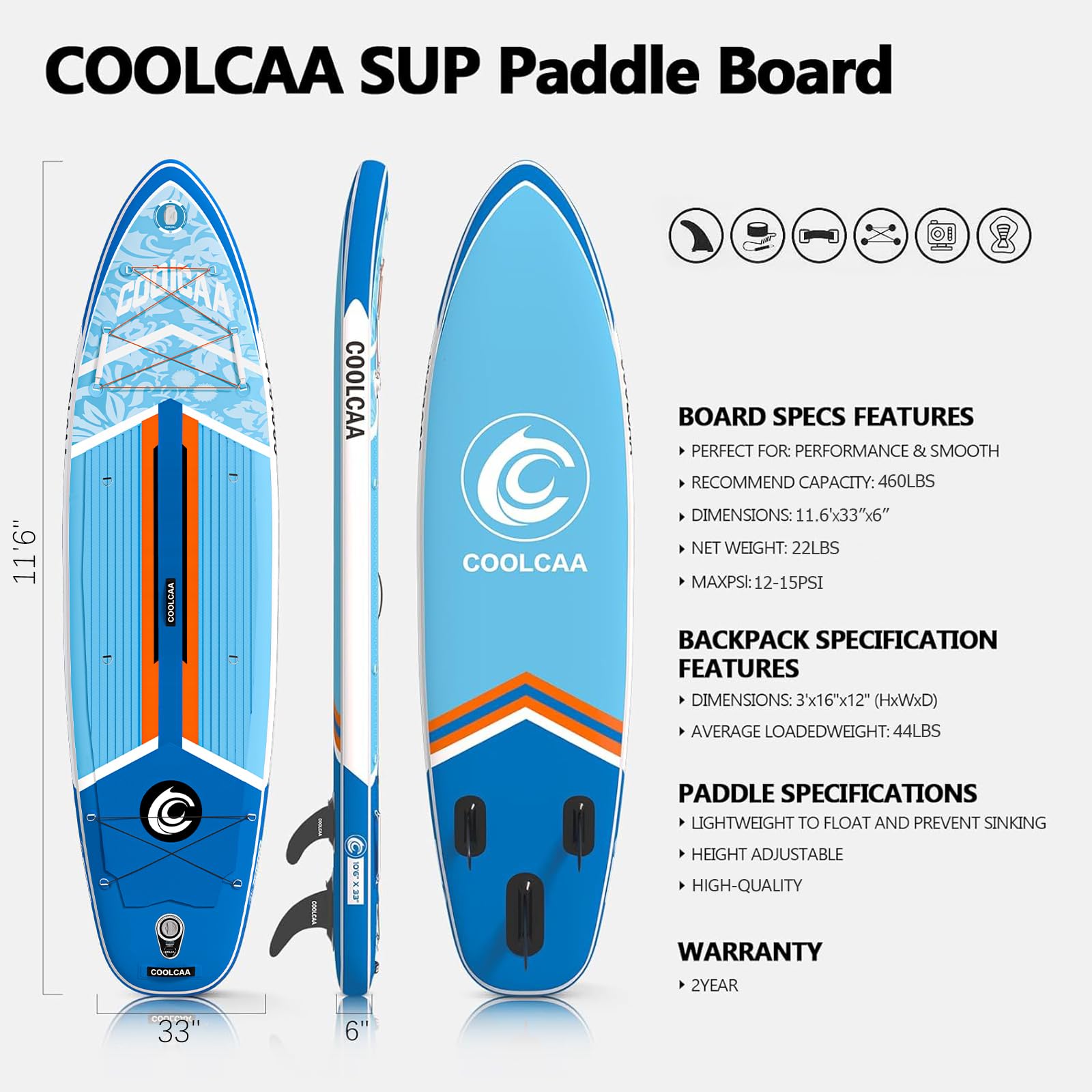 COOLCAA Deska SUP 354 cm x 86 cm x 15 cm z akcesoriami premium SUP, nośność do 210 kg, deska SUP dla dorosłych i młodzieży na wszystkich poziomach