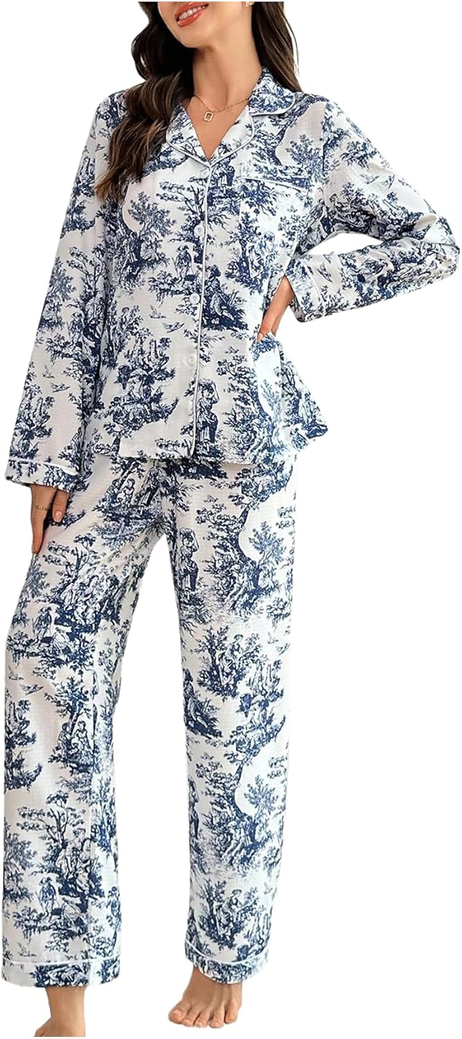 WDIRARA Women's 2 Piece Graphic Pajama Set Button Down Sleepwear Long Sleeve Shirt and Pants Pjs