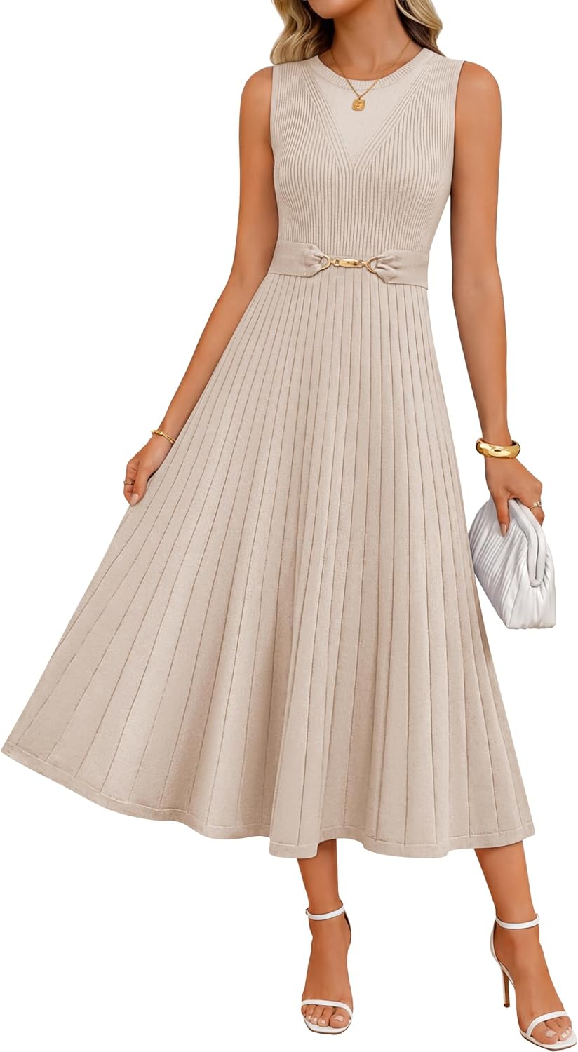 ZESICA Womens Spring Sleeveless Midi Sweater Dress 2026 Summer Casual Pleated A Line Flowy Knit Long Dresses with Belt