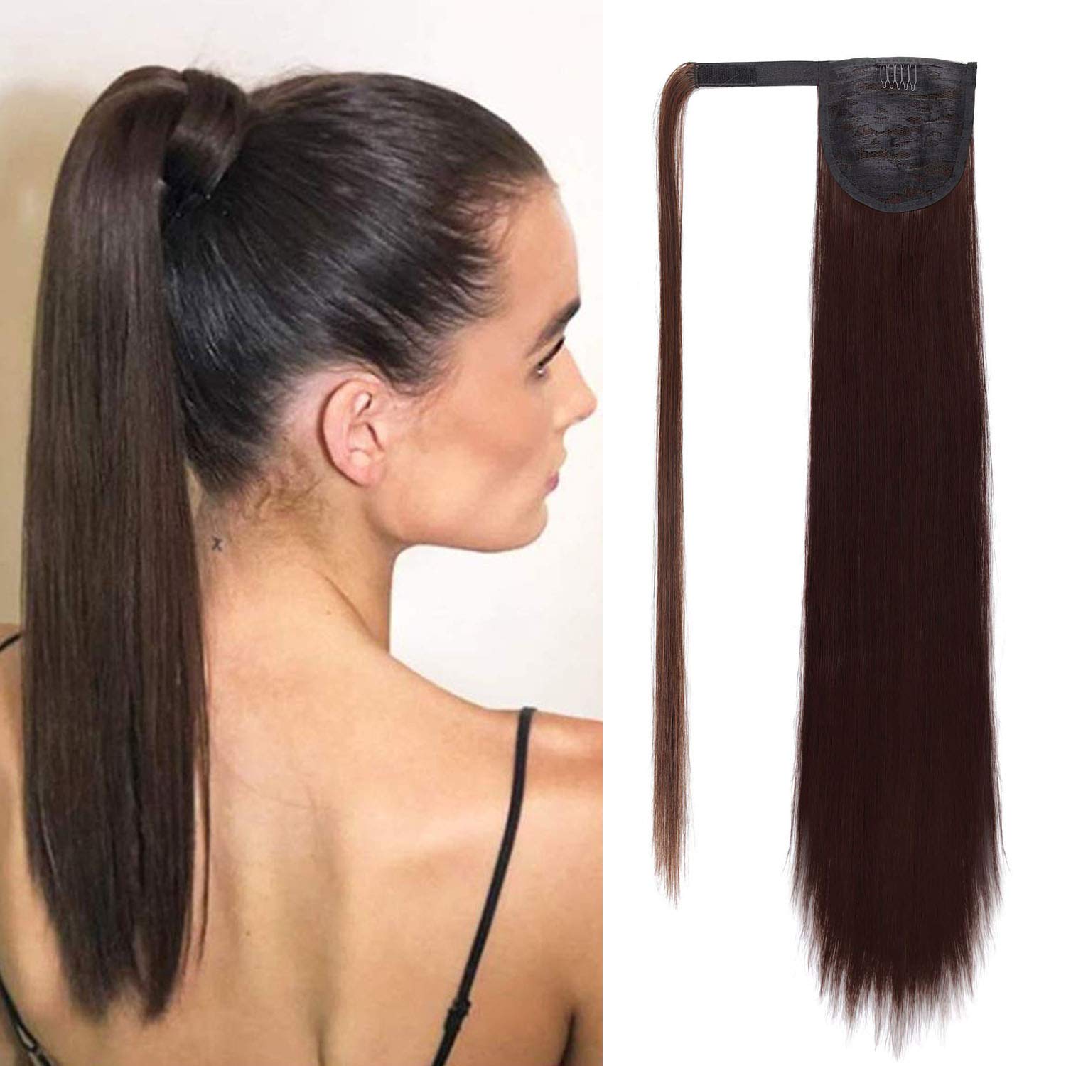 Eerya 24 Inch Long Straight Ponytail Hair Extension Wrap Around Hair Piece Heat Resisting Fiber Synthetic Pony Tail Hairpiece for Girl Lady Woman (Straight Hair, M 33# Dark Brown)