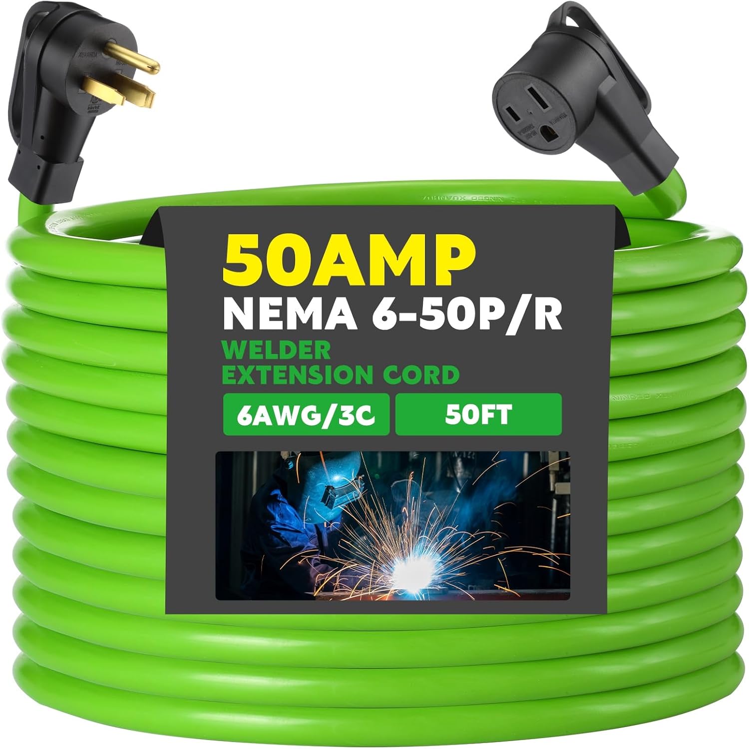 Kanayu 50FT 50Amp 6AWG Welder Extension Cord Compatible with NEMA 6-50P to 6-50R Power Extension for Welding Machines 50A 250Volt 3-Prong 6 Gauge Heavy Duty Welding Cable, ETL Listed(50 ft, Green)