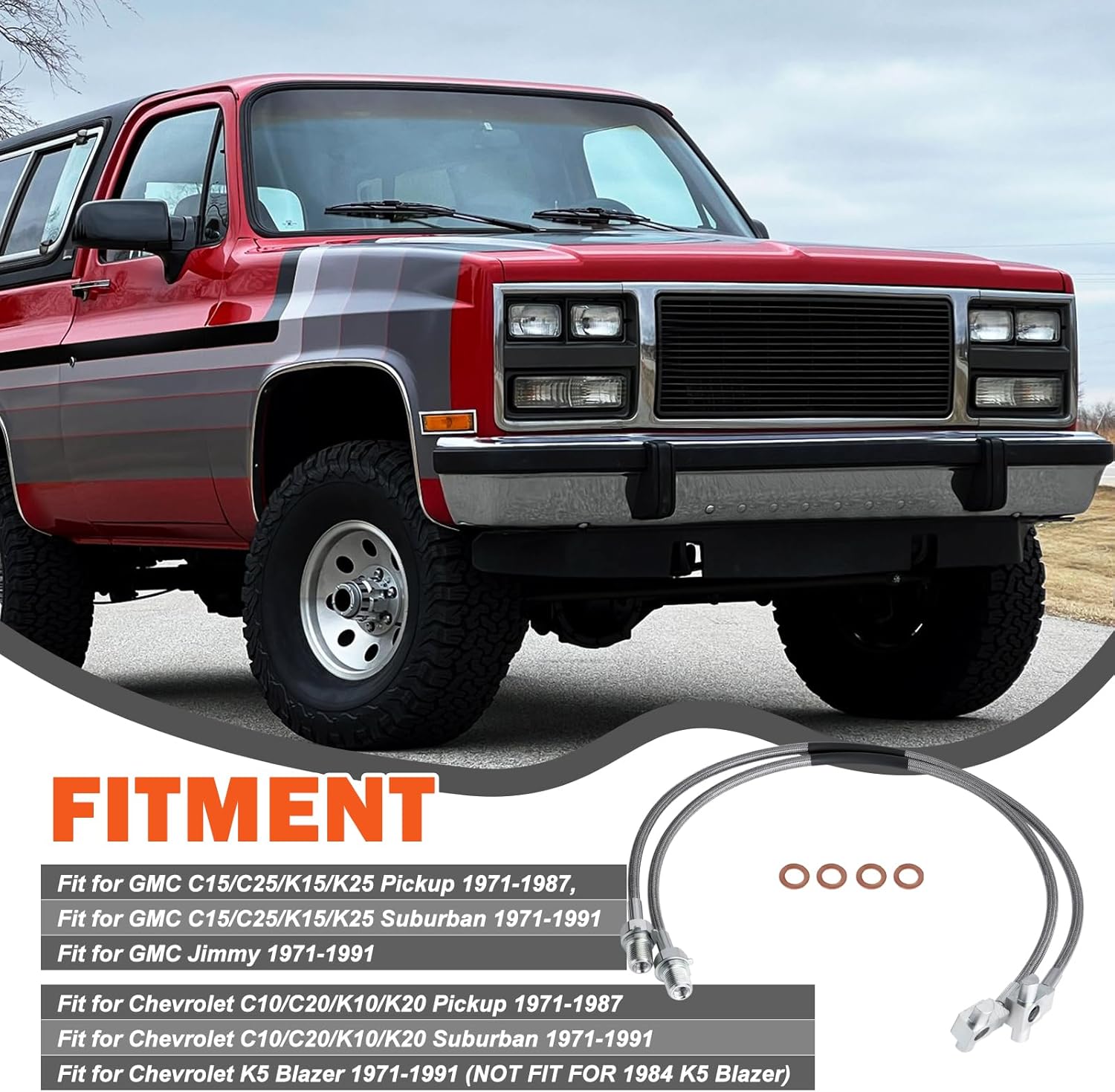 Stainless Steel Brake Lines 89340S 4-6"Front Extended brake line Fit for Chevrolet C10/C20/K10/K20 Pickup Suburban K5 Blazer 1971-1987 Fit for GMC C15/C25/K15/K25 Pickup Suburban 1971-1987