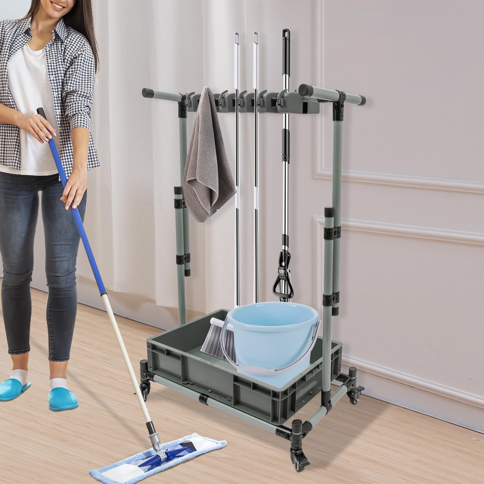 Freestanding Broom Mop Holder with Water Tank, Floor Standing Cleaning Tool Cart with Universal Wheel, Cleaning Supplies Organizer for Store and Dry Brooms, Mop