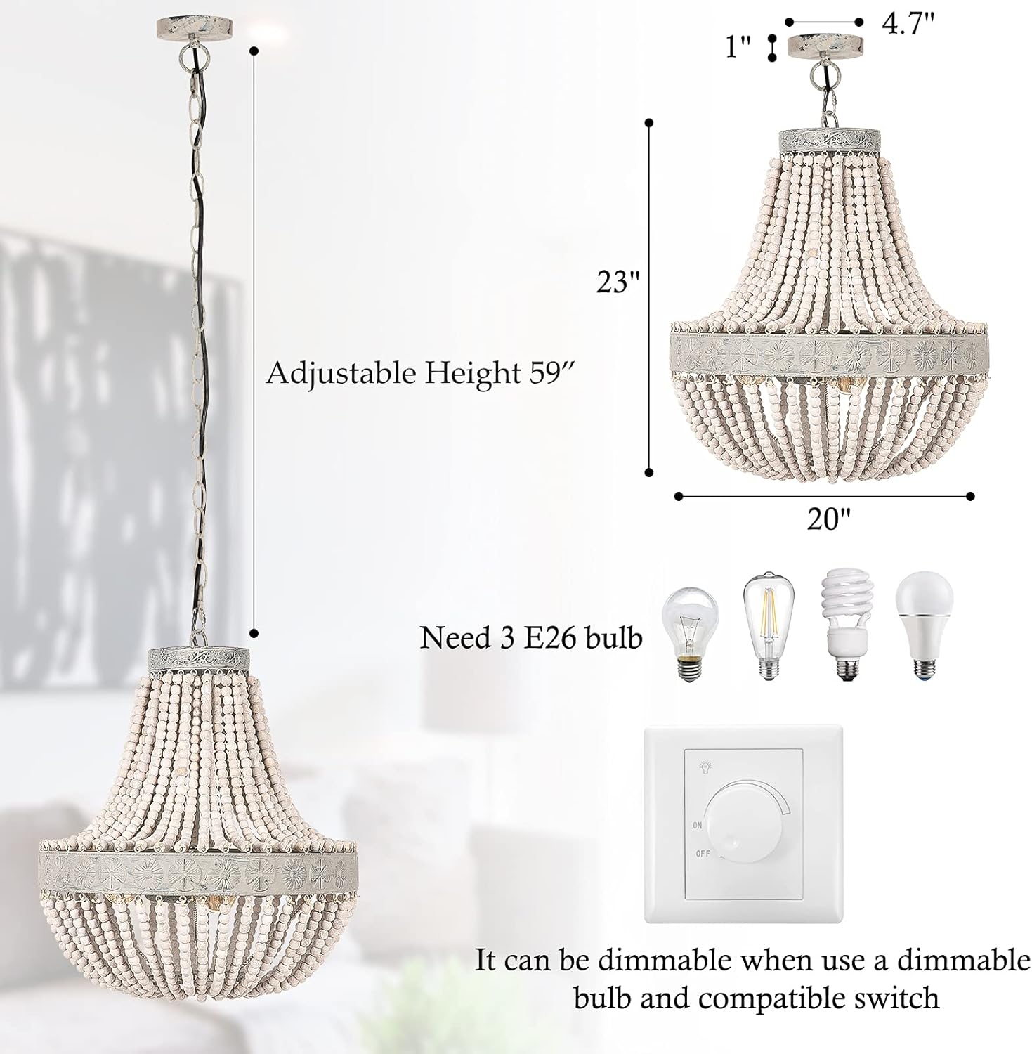 Wood Beaded Chandelier, 20" Boho Light Fixtures with 3-Lights, Adjustable Rustic Vintage Farmhouse Pendant Light for Bedroom, Living Room, Dining Room, Kitchen, Hallway
